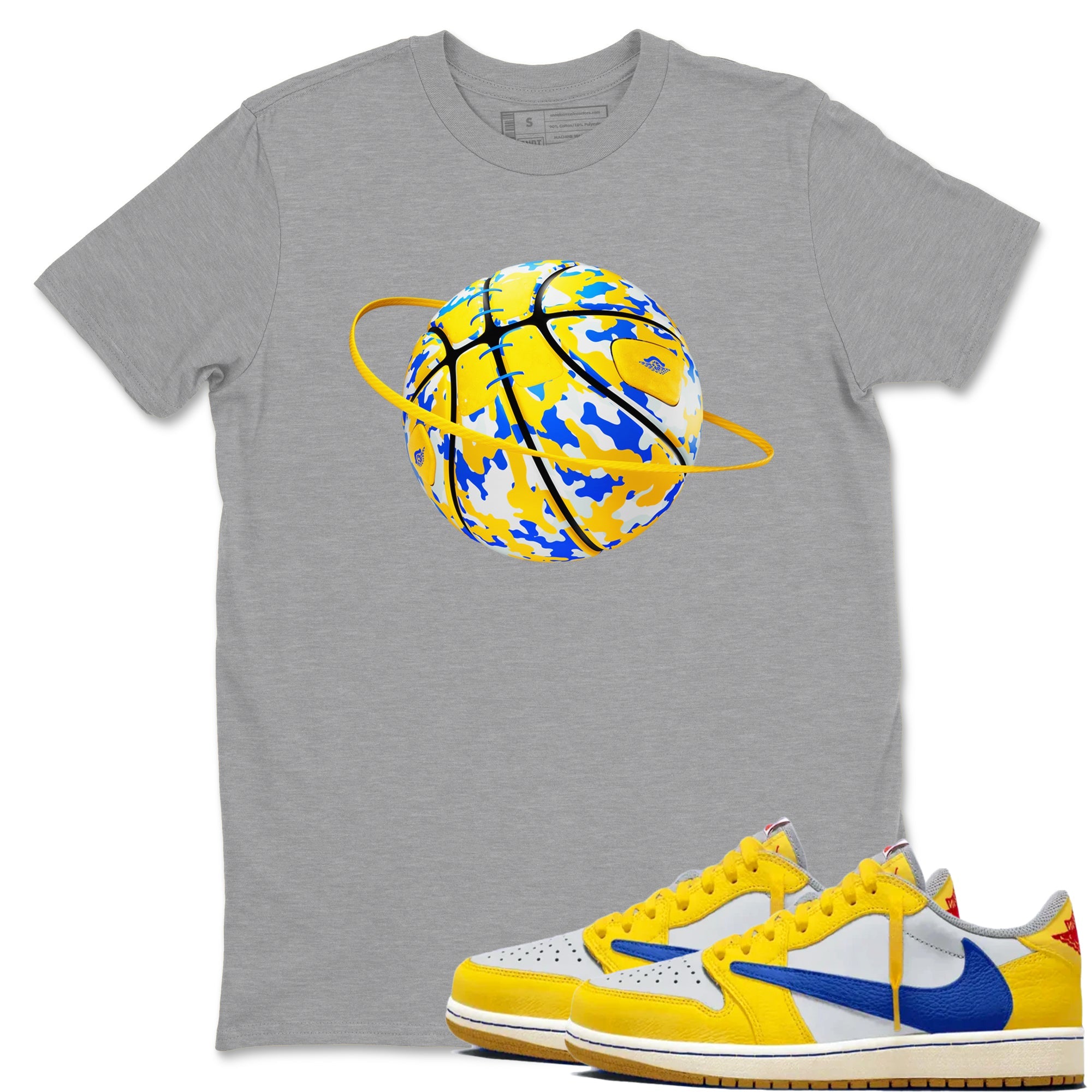 1s Travis Scott Canary shirt to match jordans Camo Basketball Planet sneaker tees Air Jordan 1 Travis Scott Canary Drip Gear Zone unisex cotton Heather Grey 1 crew neck shirt