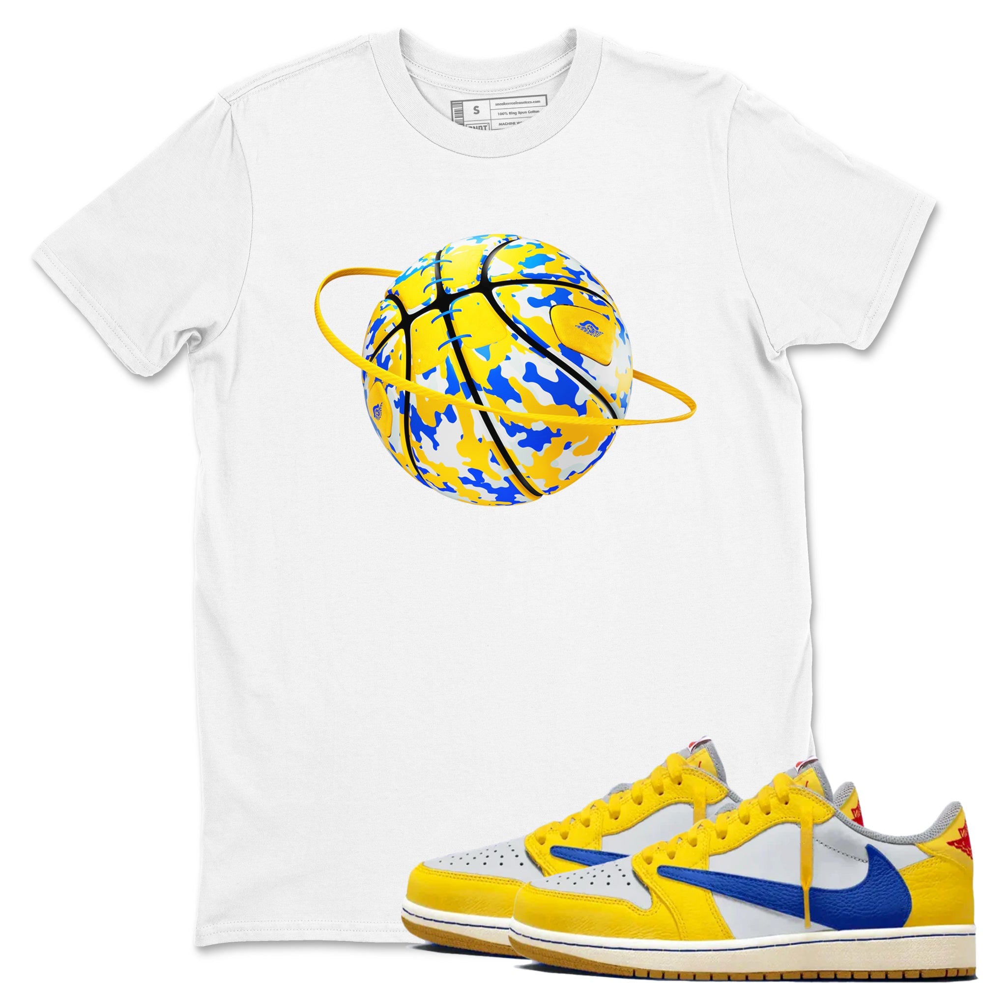 1s Travis Scott Canary shirt to match jordans Camo Basketball Planet sneaker tees Air Jordan 1 Travis Scott Canary Drip Gear Zone unisex cotton White 1 crew neck shirt