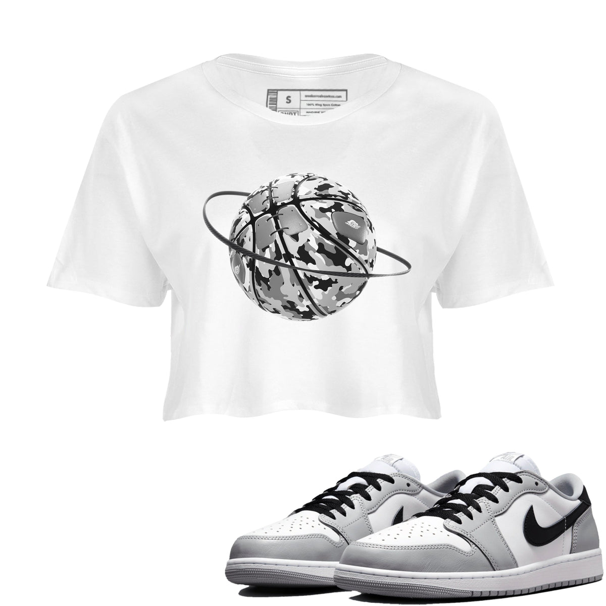 1s Wolf Grey shirts to match jordans Camo Basketball Planet sneaker match tees Air Jordan 1 Wolf Grey Drip Gear Zone streetwear brand White 1 crop tee