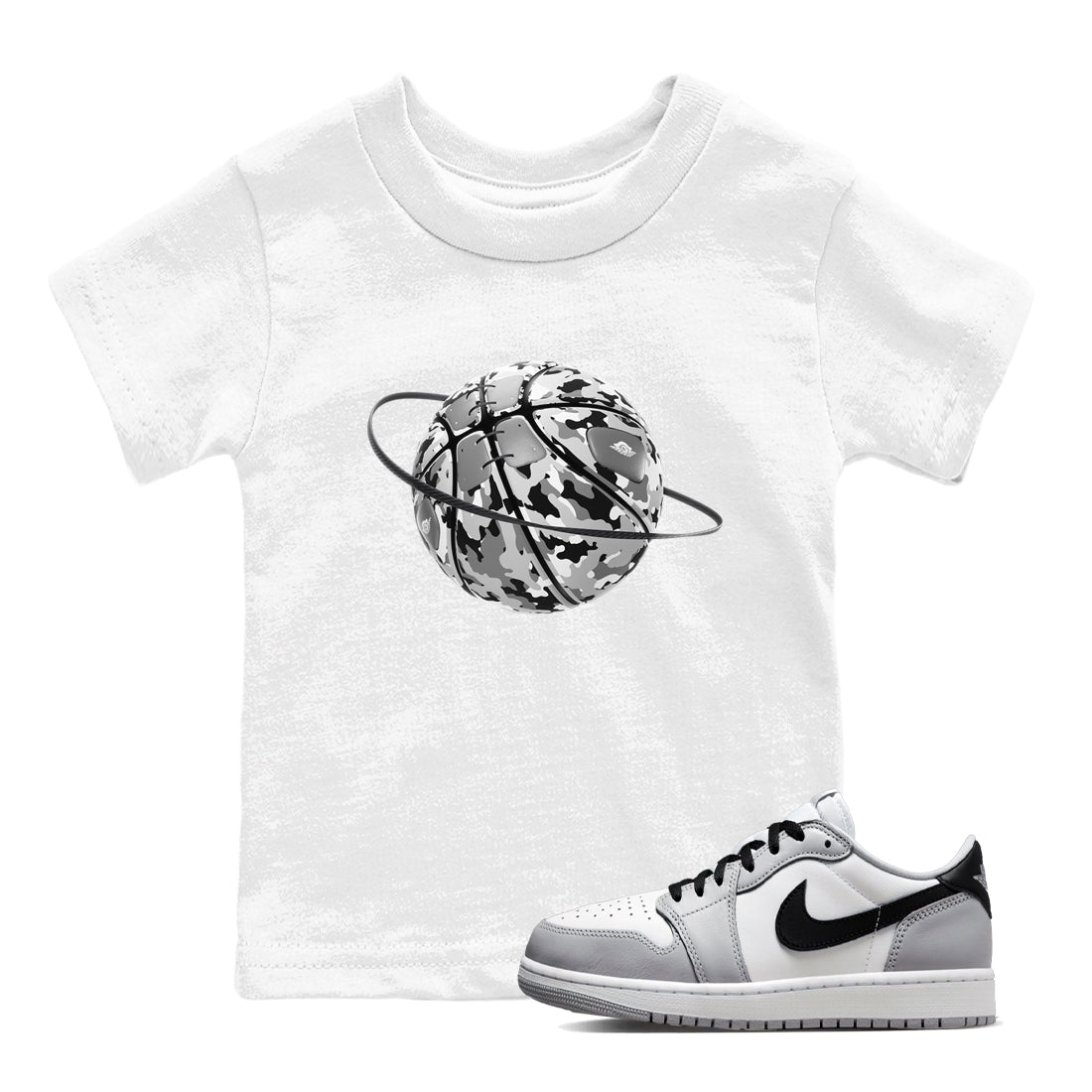1s Wolf Grey shirts to match jordans Camo Basketball Planet sneaker match tees Air Jordan 1 Wolf Grey Drip Gear Zone streetwear brand Baby and Youth White 1 cotton tee