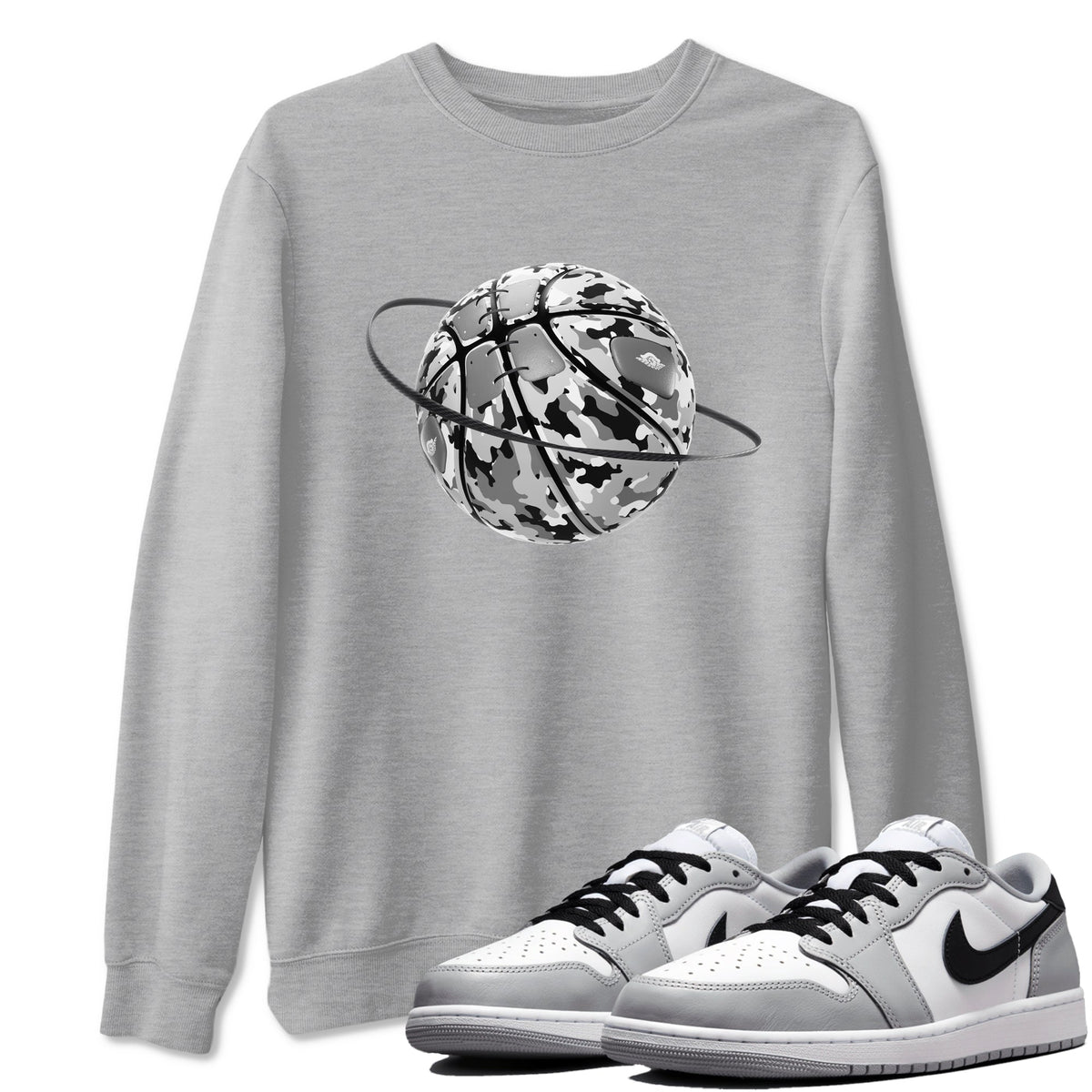 1s Wolf Grey shirts to match jordans Camo Basketball Planet sneaker match tees Air Jordan 1 Wolf Grey Drip Gear Zone streetwear brand Heather Grey 1 unisex cotton tee