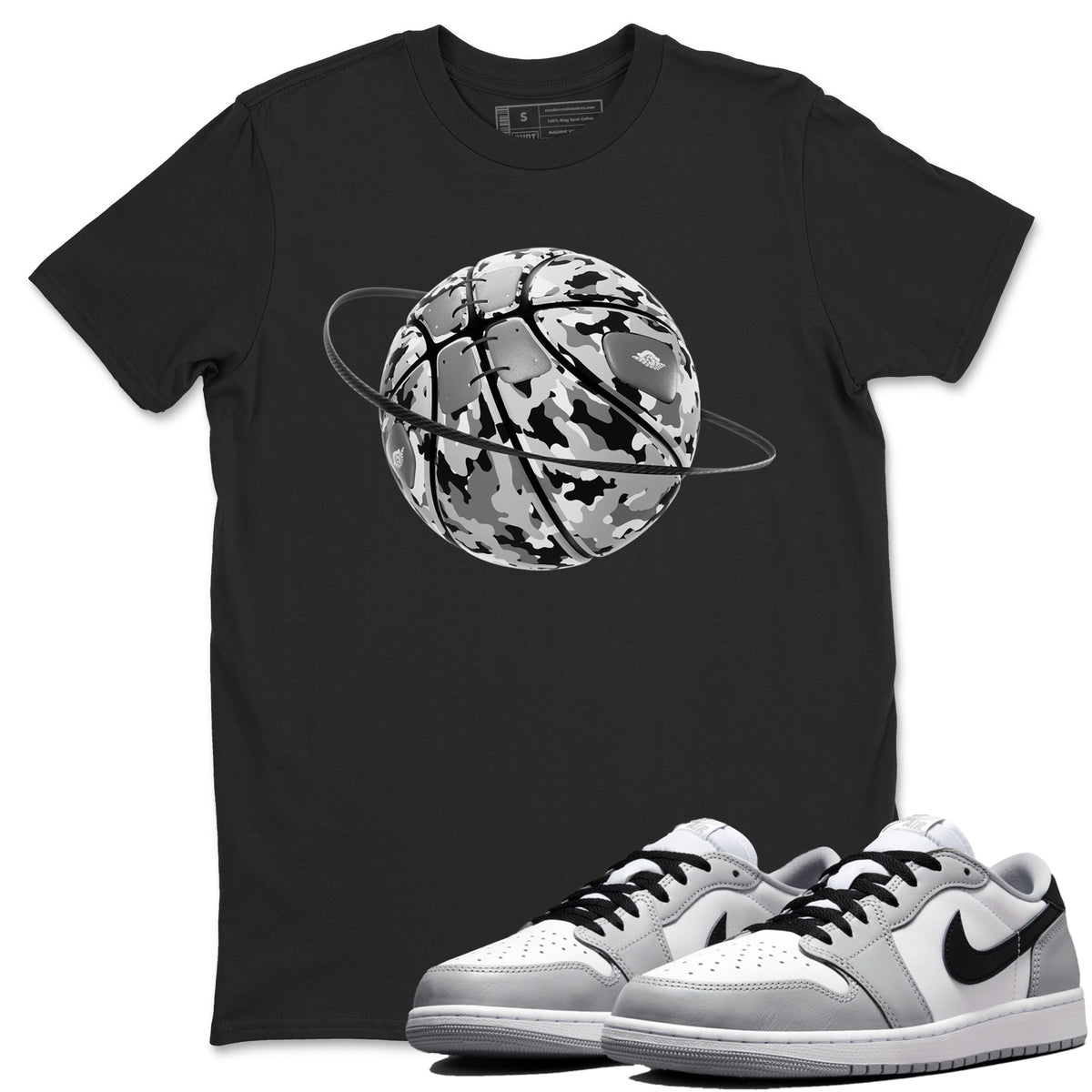 1s Wolf Grey shirts to match jordans Camo Basketball Planet sneaker match tees Air Jordan 1 Wolf Grey Drip Gear Zone streetwear brand Black 1 unisex cotton tee