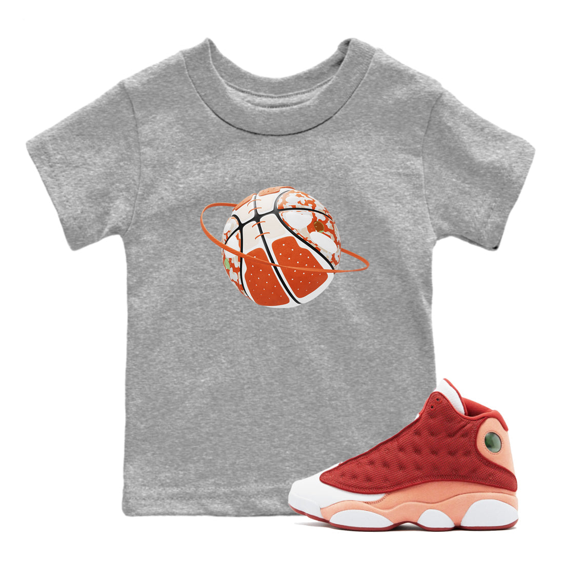 13s Dune Red shirts to match jordans Camo Basketball Planet sneaker match tees Air Jordan 13 Dune Red Drip Gear Zone streetwear brand Baby and Youth Heather Grey 1 cotton tee