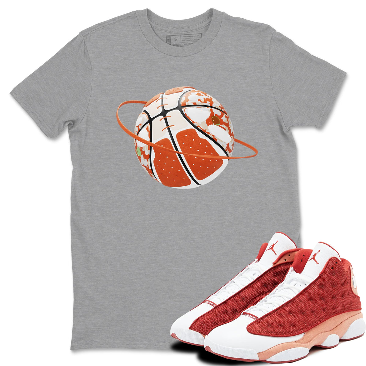 13s Dune Red shirts to match jordans Camo Basketball Planet sneaker match tees Air Jordan 13 Dune Red Drip Gear Zone streetwear brand Heather Grey 1 unisex cotton tee