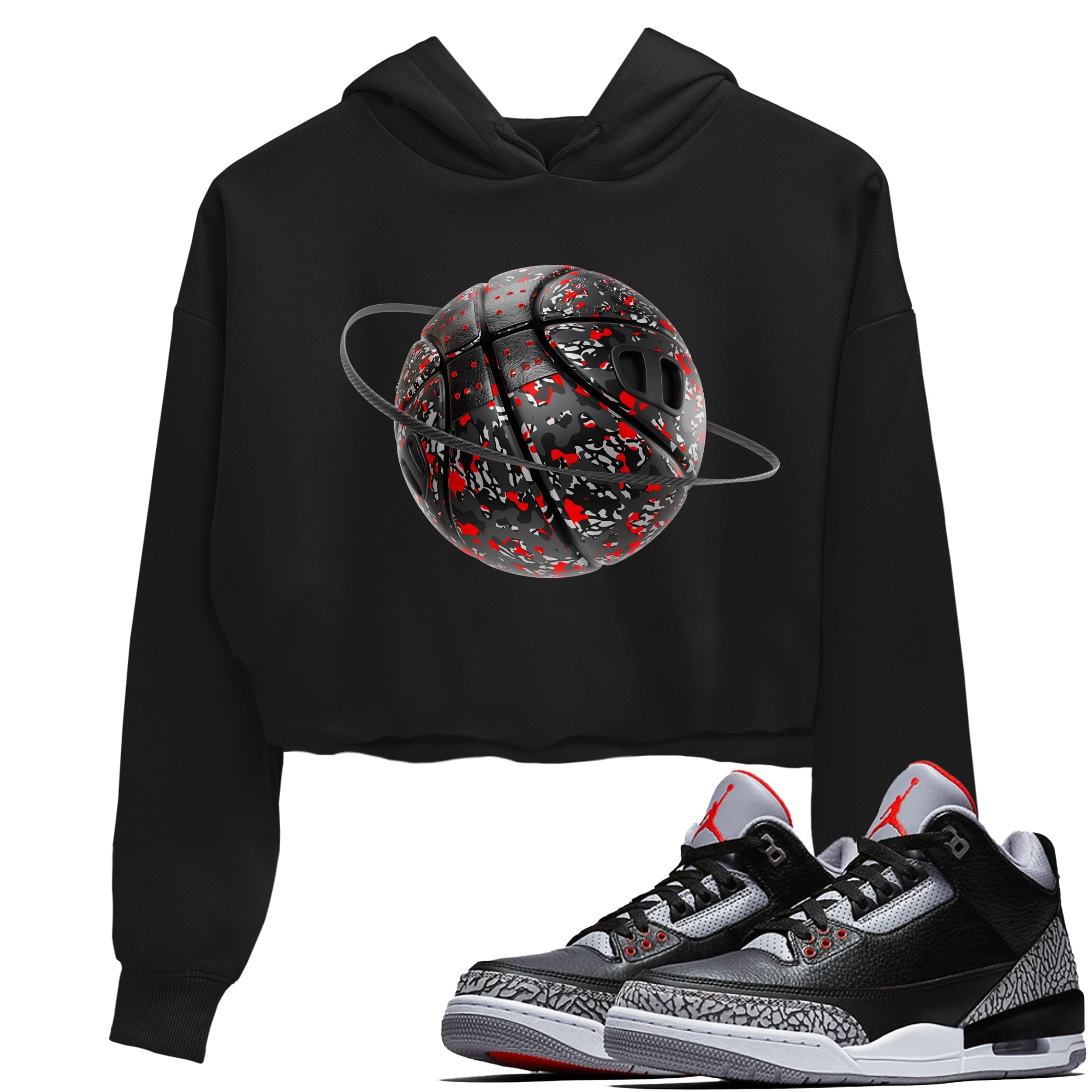 3s Black Cement shirts to match jordans Camo Basketball Planet sneaker match tees Air Jordan 3 Black Cement match shoes to clothes Drip Gear Zone unisex cotton Black 1 crop tee