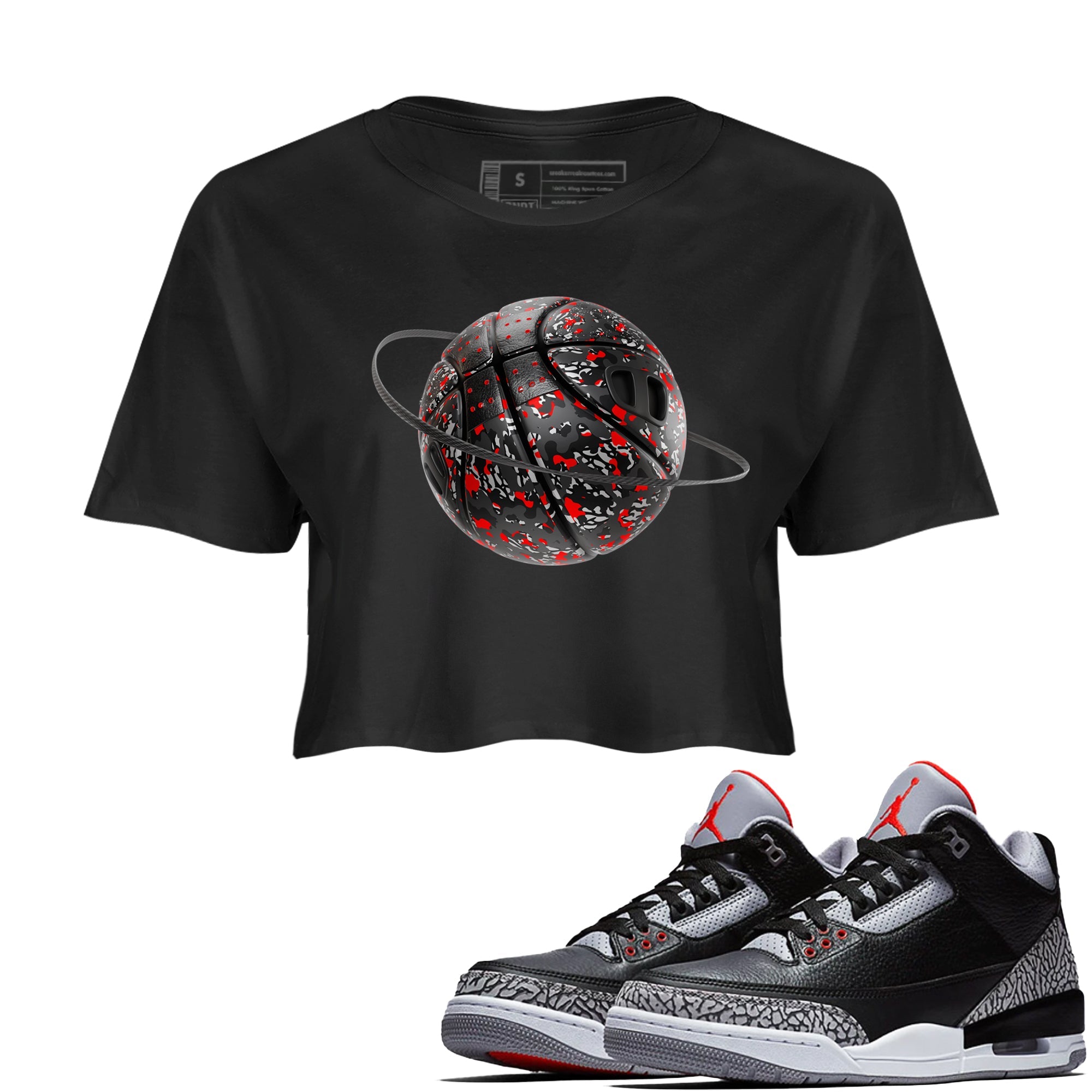 3s Black Cement shirts to match jordans Camo Basketball Planet sneaker match tees Air Jordan 3 Black Cement match shoes to clothes Drip Gear Zone unisex cotton Black 1 crop tee