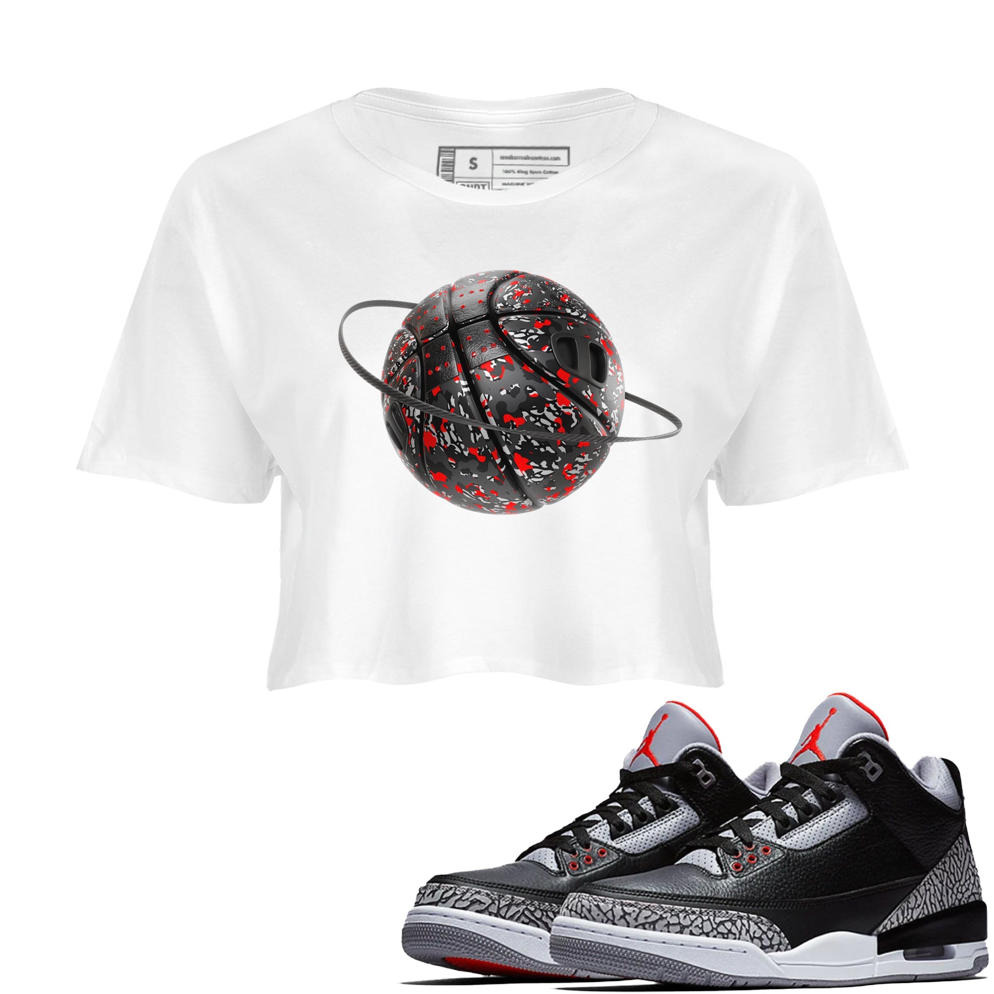 3s Black Cement shirts to match jordans Camo Basketball Planet sneaker match tees Air Jordan 3 Black Cement match shoes to clothes Drip Gear Zone unisex cotton White 1 crop tee