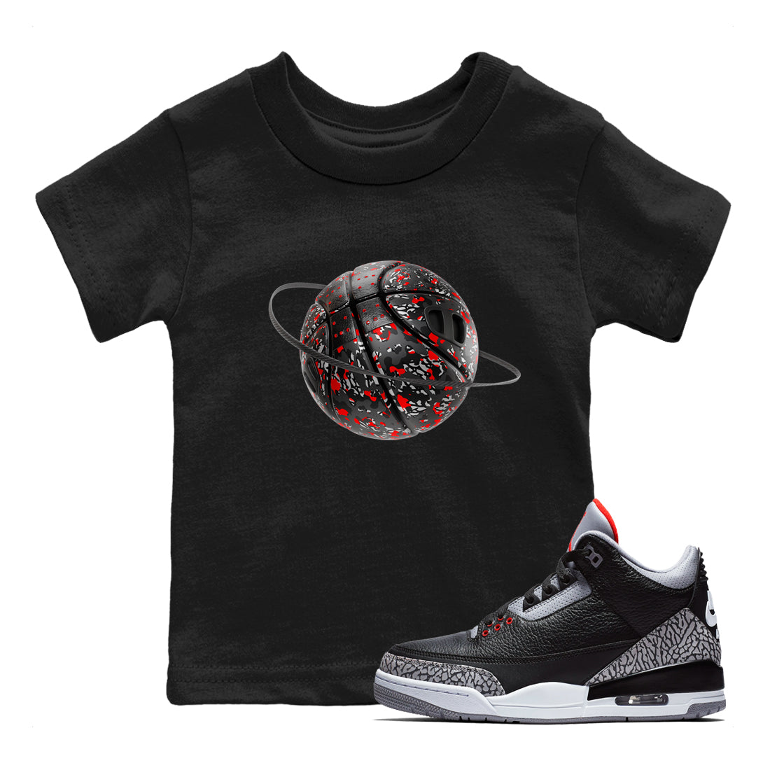 3s Black Cement shirts to match jordans Camo Basketball Planet sneaker match tees Air Jordan 3 Black Cement match shoes to clothes Drip Gear Zone Youth Baby Black 1 tee