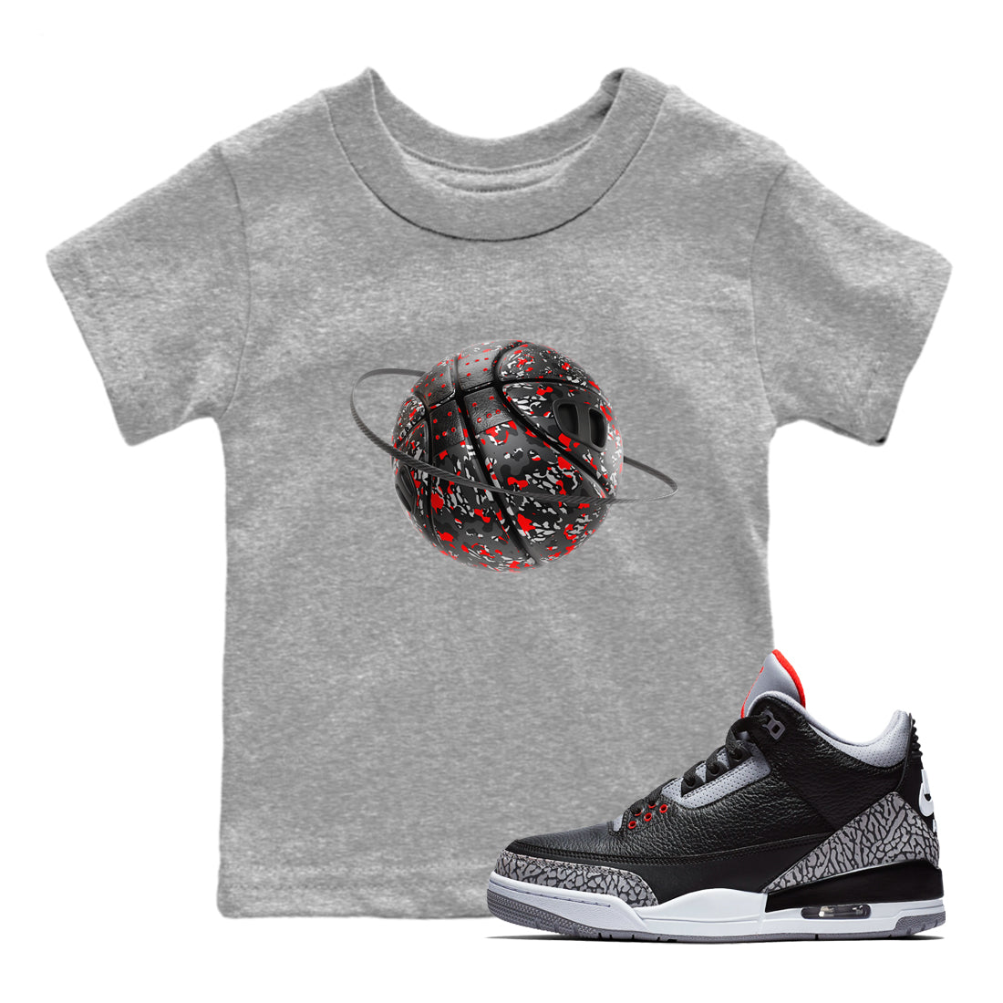 3s Black Cement shirts to match jordans Camo Basketball Planet sneaker match tees Air Jordan 3 Black Cement match shoes to clothes Drip Gear Zone Youth Baby Heather Grey 1 tee