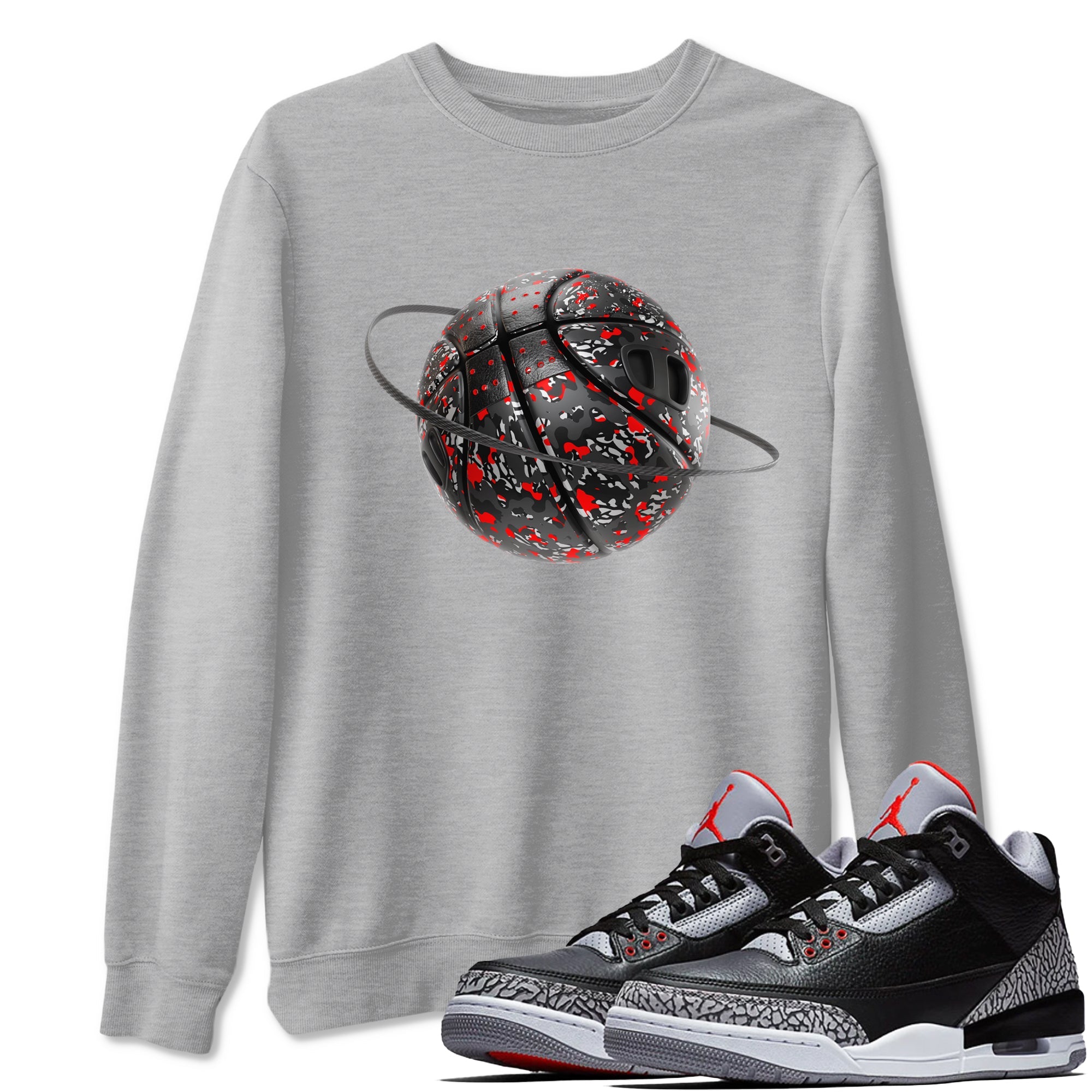 3s Black Cement shirts to match jordans Camo Basketball Planet sneaker match tees Air Jordan 3 Black Cement match shoes to clothes Drip Gear Zone unisex cotton Heather Grey 1 shirts