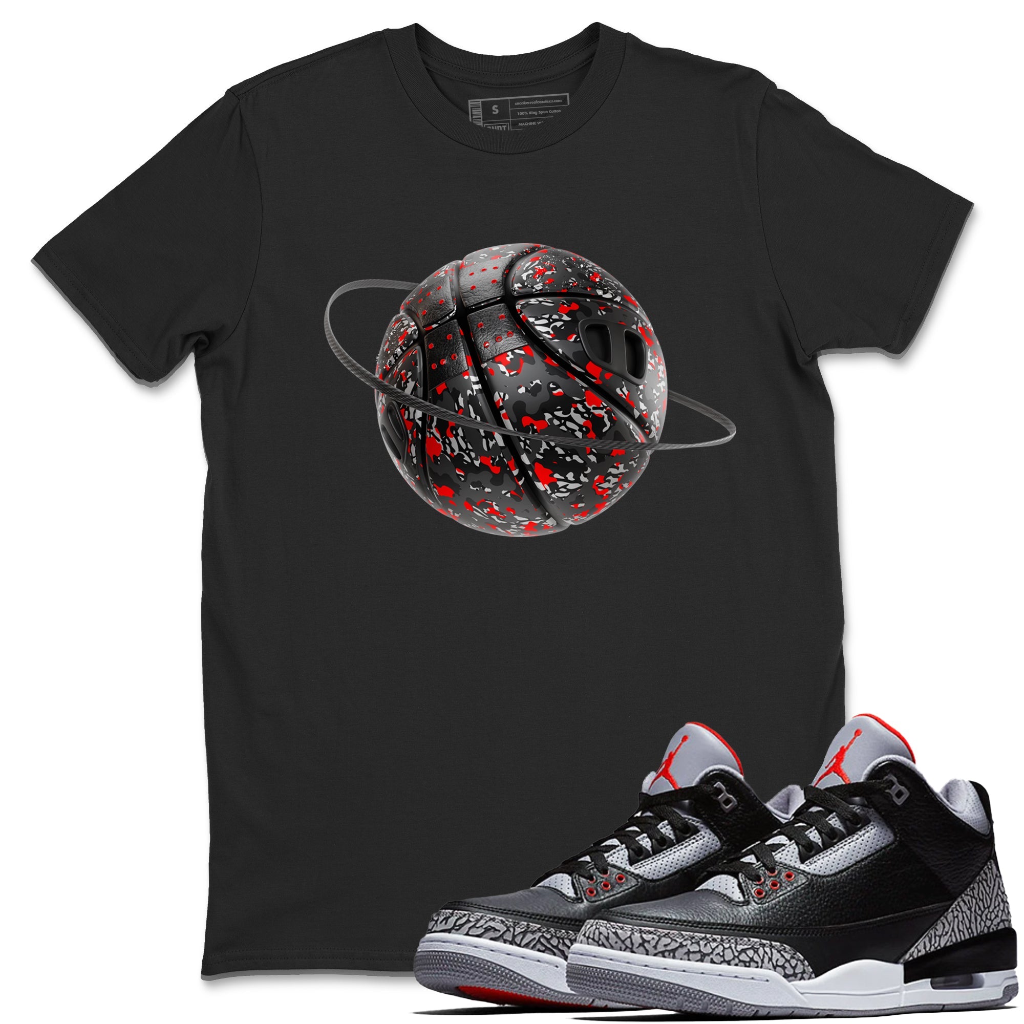 3s Black Cement shirts to match jordans Camo Basketball Planet sneaker match tees Air Jordan 3 Black Cement match shoes to clothes Drip Gear Zone unisex cotton Black 1 shirts