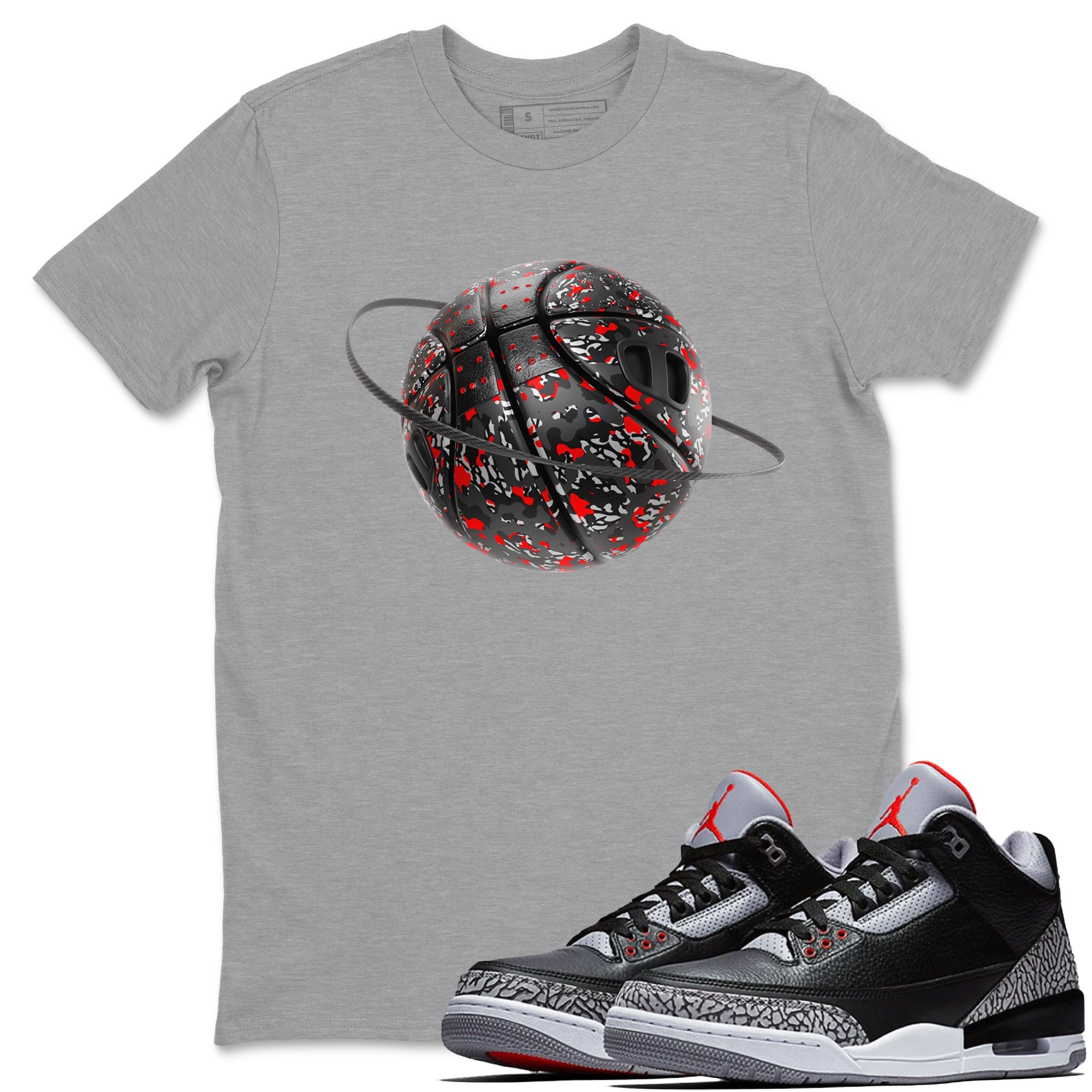 3s Black Cement shirts to match jordans Camo Basketball Planet sneaker match tees Air Jordan 3 Black Cement match shoes to clothes Drip Gear Zone unisex cotton Heather Grey 1 shirts