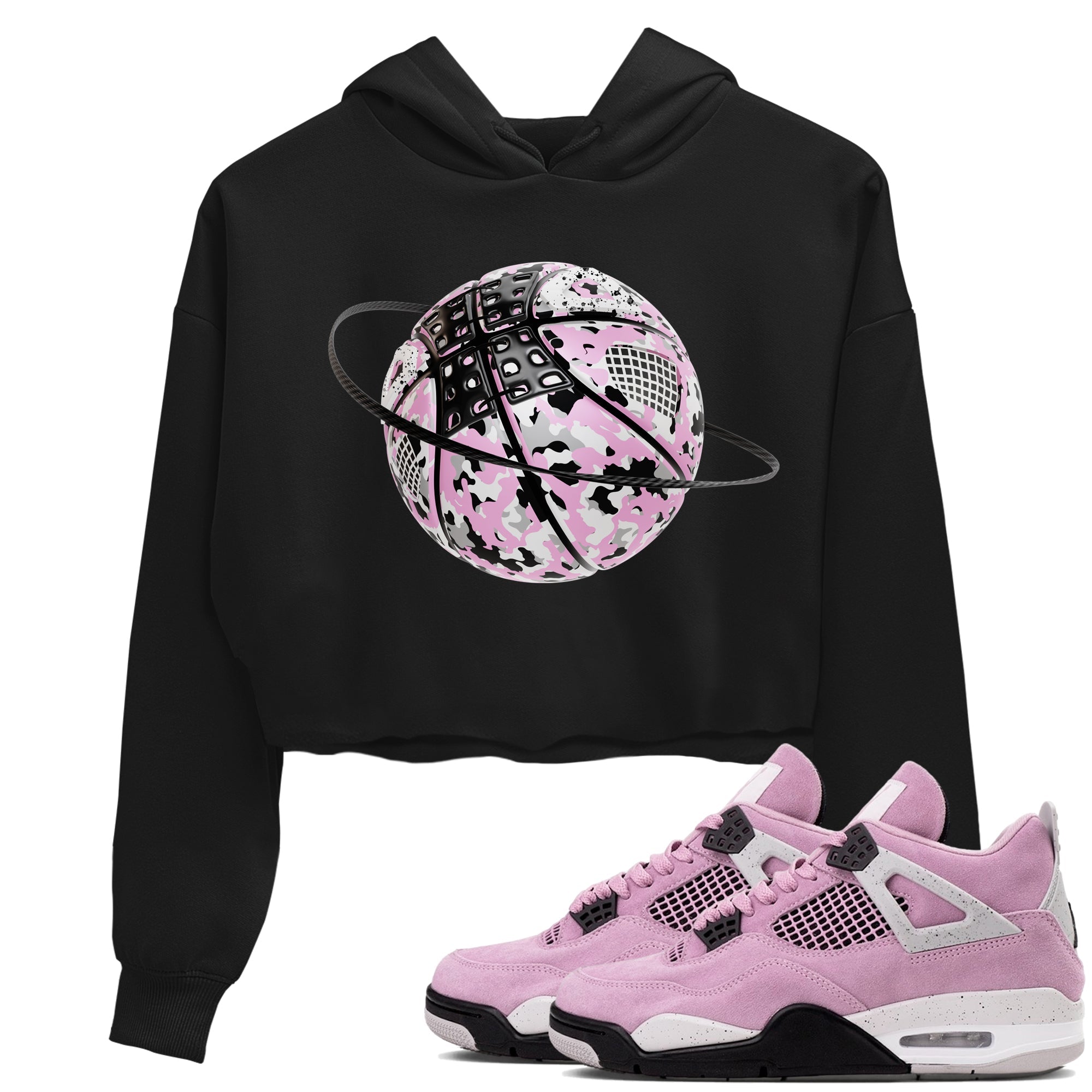 4s Retro Orchid shirts to match jordans Camo Basketball Planet sneaker match tees Air Jordan 4 WMNS Orchid match shoes to clothes Drip Gear Zone unisex cotton Black 1 crop tee
