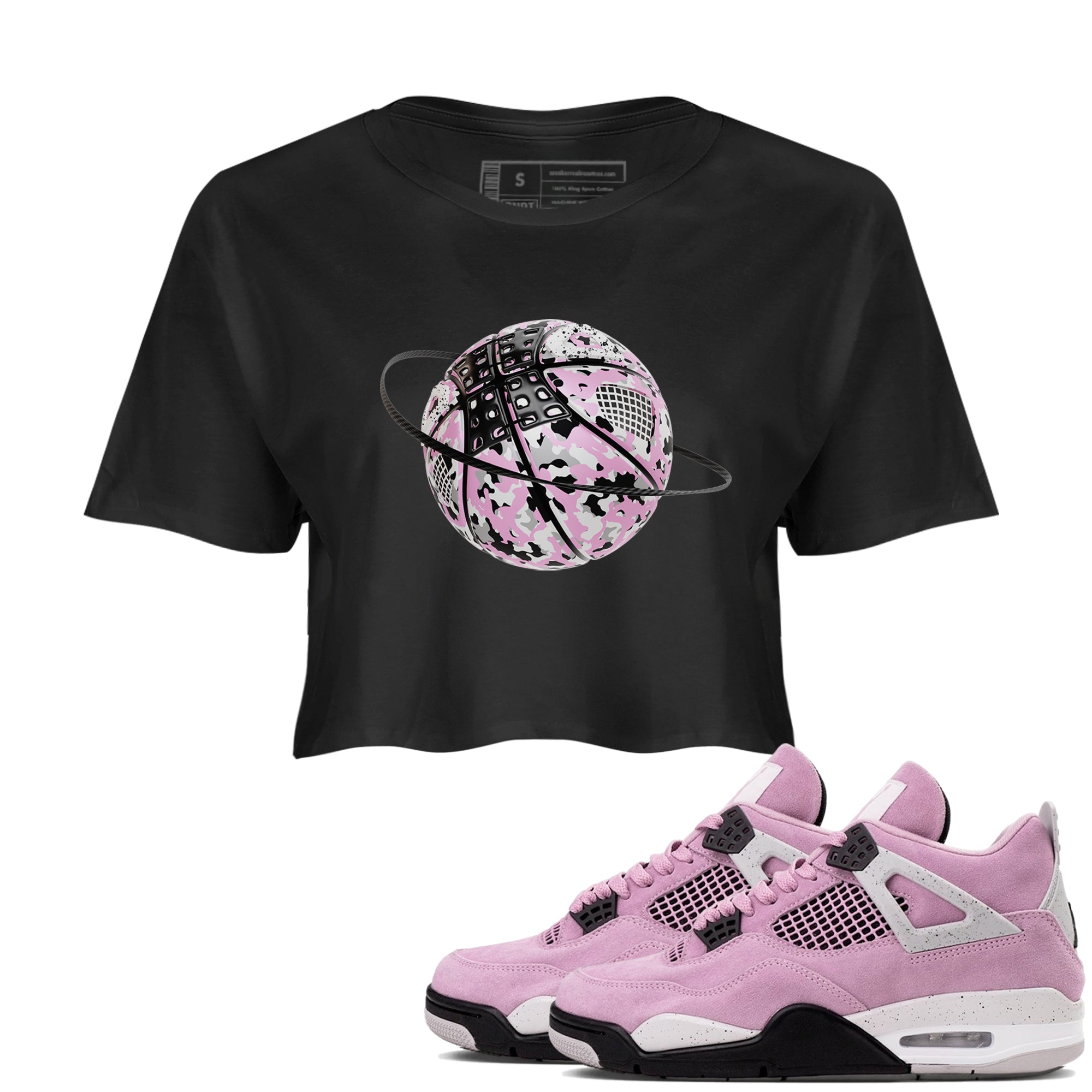 4s Retro Orchid shirts to match jordans Camo Basketball Planet sneaker match tees Air Jordan 4 WMNS Orchid match shoes to clothes Drip Gear Zone unisex cotton Black 1 crop tee