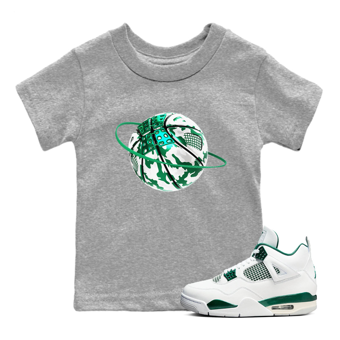 4s Oxidized Green shirts to match jordans Camo Basketball Planet sneaker match tees Air Jordan 4 Oxidized Green Drip Gear Zone streetwear brand Baby and Youth Heather Grey 1 cotton tee