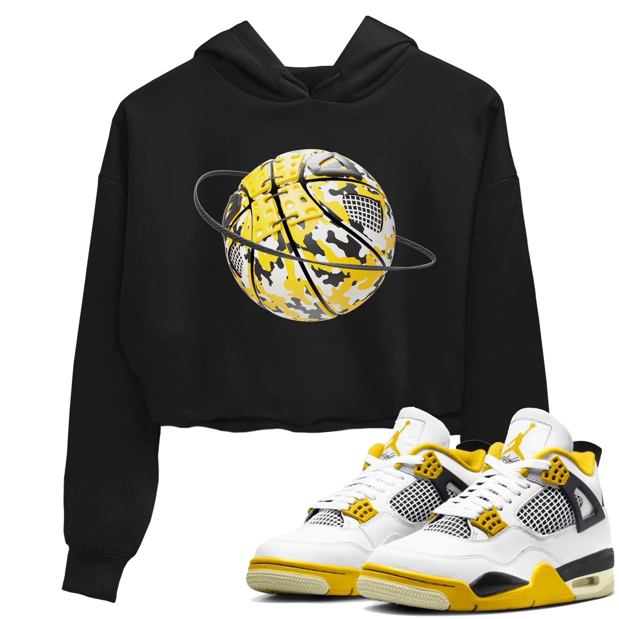 AJ4 Vivid Sulfur shirt to match jordans Camo Basketball Planet sneaker tees Air Jordan 4 Vivid Sulfur Drip Gear Zone Black 1 crop length shirt