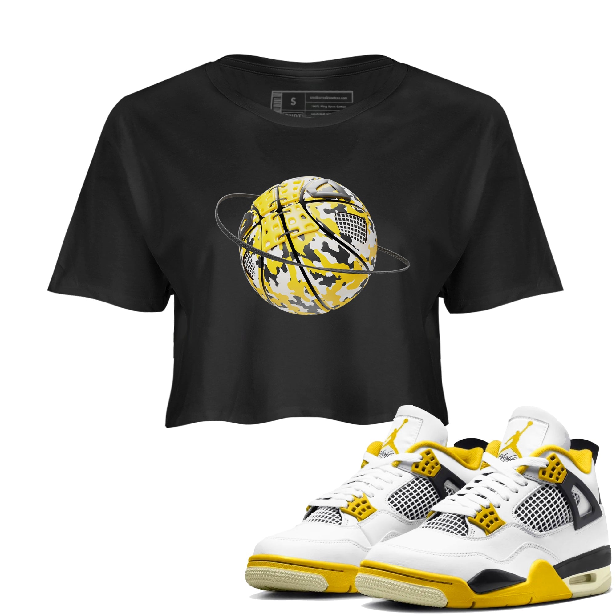 AJ4 Vivid Sulfur shirt to match jordans Camo Basketball Planet sneaker tees Air Jordan 4 Vivid Sulfur Drip Gear Zone Black 1 crop length shirt