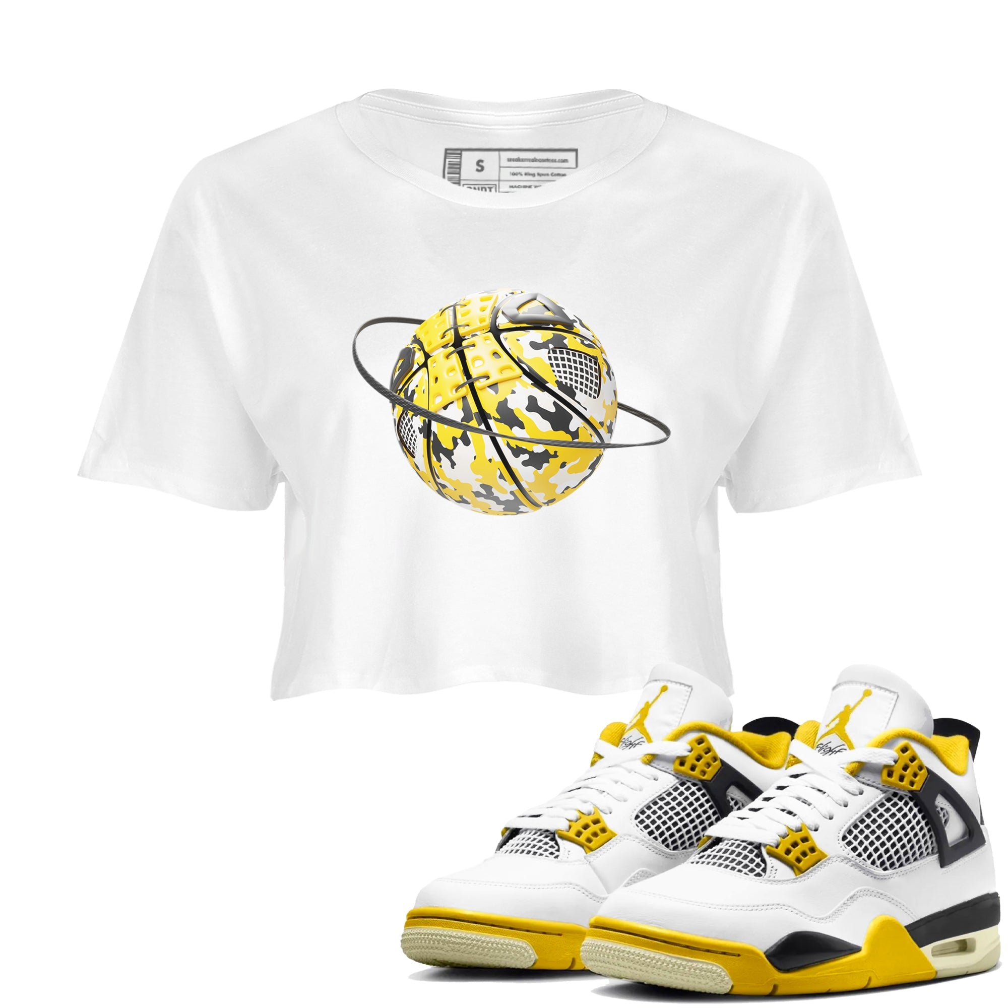 AJ4 Vivid Sulfur shirt to match jordans Camo Basketball Planet sneaker tees Air Jordan 4 Vivid Sulfur Drip Gear Zone White 1 crop length shirt