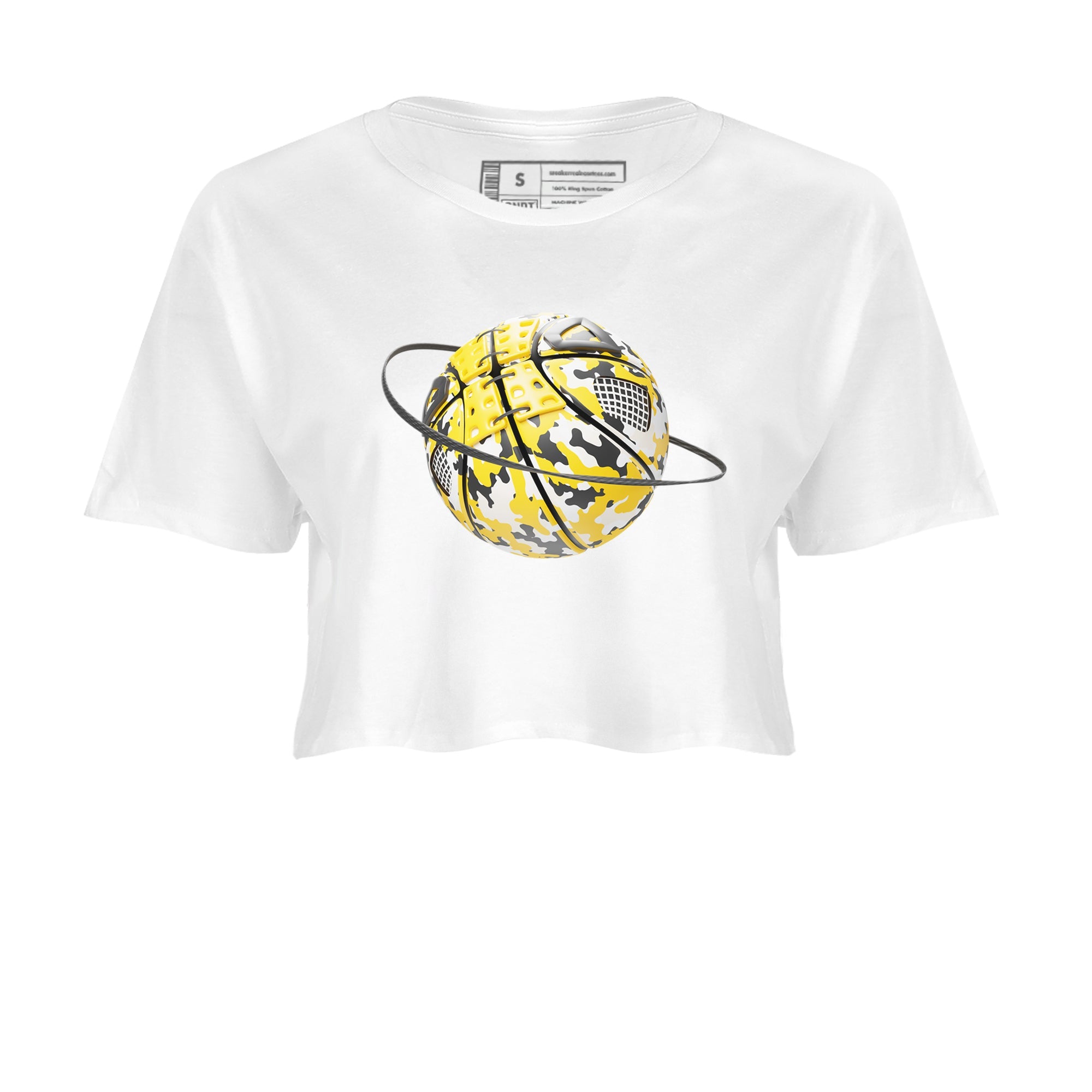 AJ4 Vivid Sulfur shirt to match jordans Camo Basketball Planet sneaker tees Air Jordan 4 Vivid Sulfur Drip Gear Zone White 2 crop length shirt