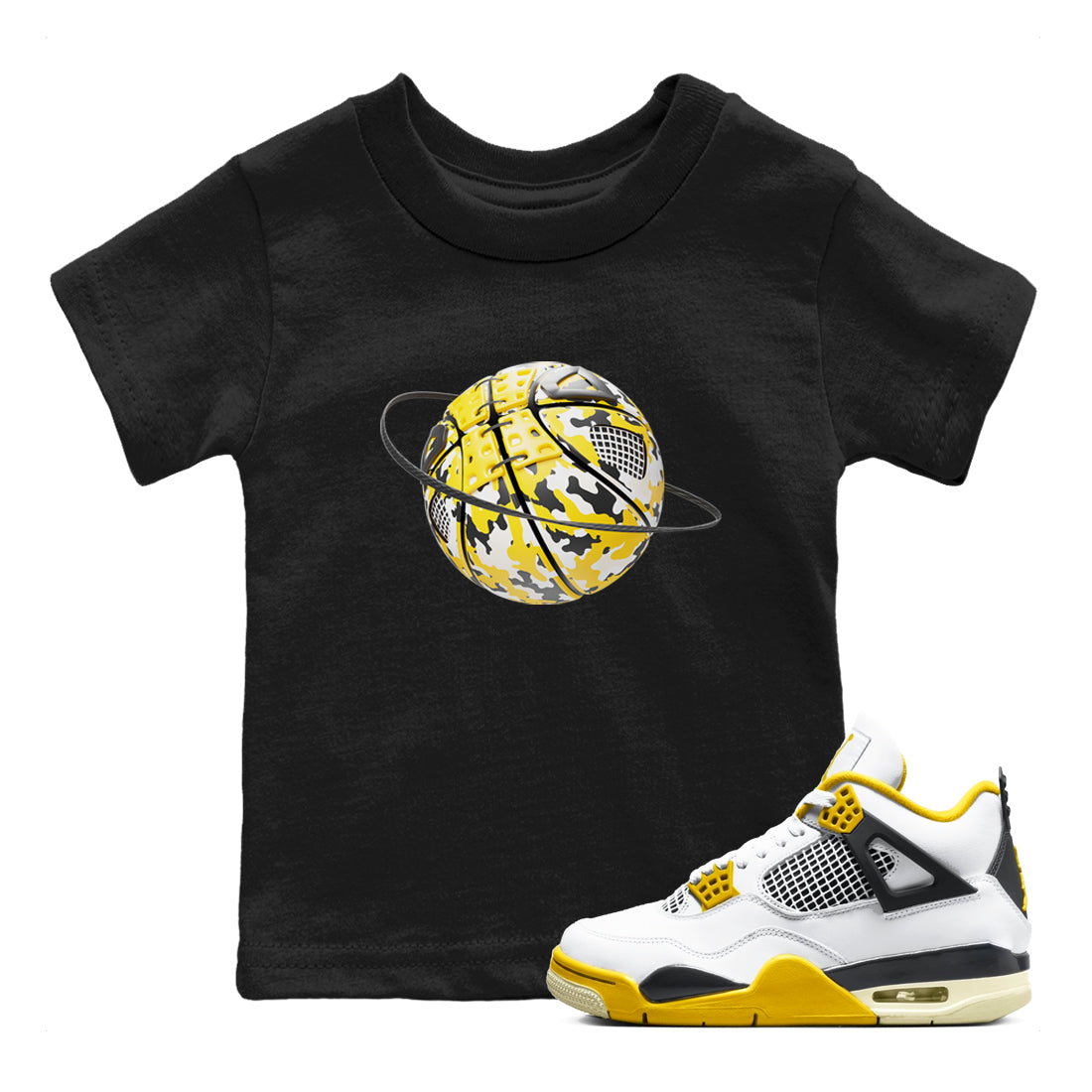 AJ4 Vivid Sulfur shirt to match jordans Camo Basketball Planet sneaker tees Air Jordan 4 Vivid Sulfur Drip Gear Zone baby toddler Black 1 cotton Shirt