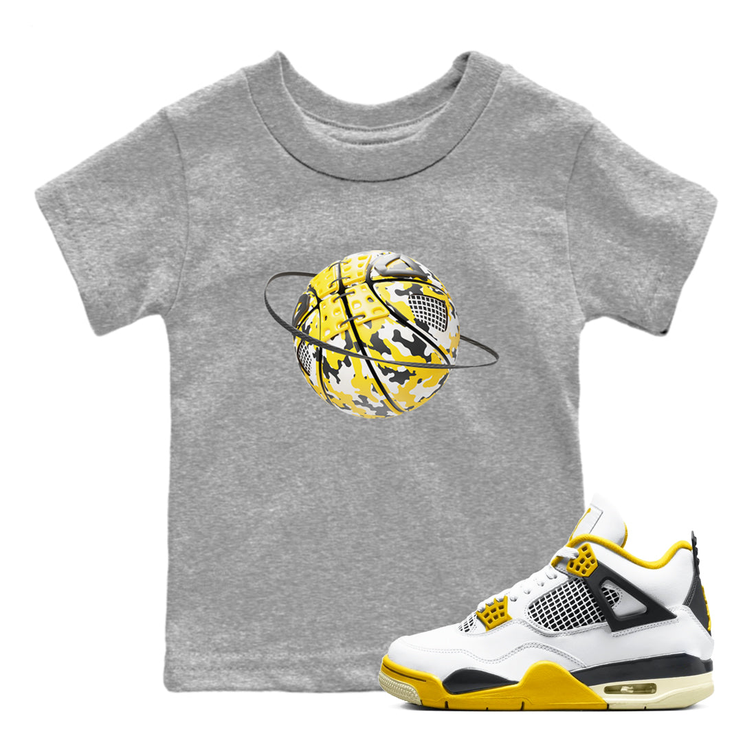 AJ4 Vivid Sulfur shirt to match jordans Camo Basketball Planet sneaker tees Air Jordan 4 Vivid Sulfur Drip Gear Zone baby toddler Heather Grey 1 cotton Shirt