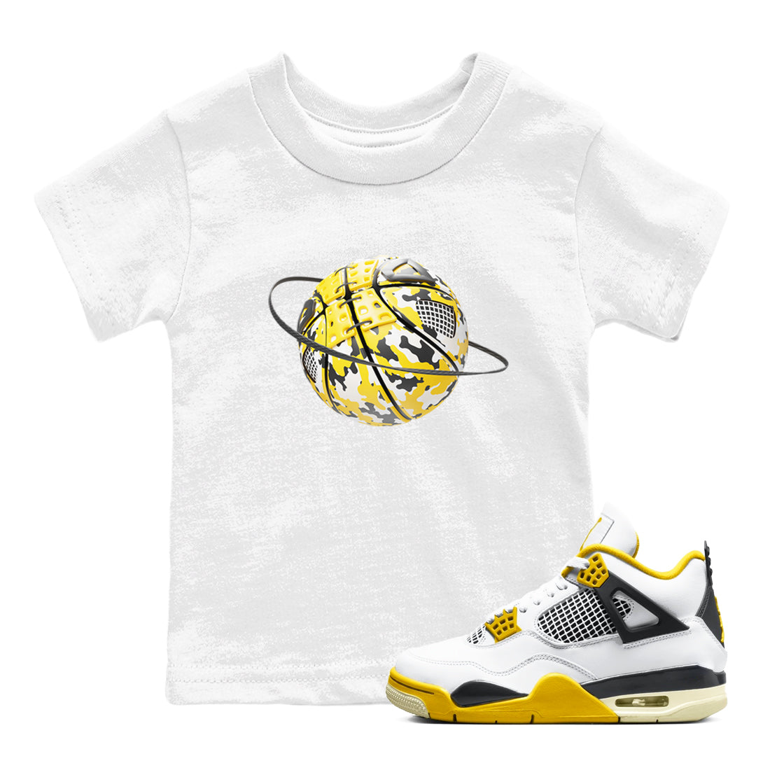 AJ4 Vivid Sulfur shirt to match jordans Camo Basketball Planet sneaker tees Air Jordan 4 Vivid Sulfur Drip Gear Zone baby toddler White 1 cotton Shirt