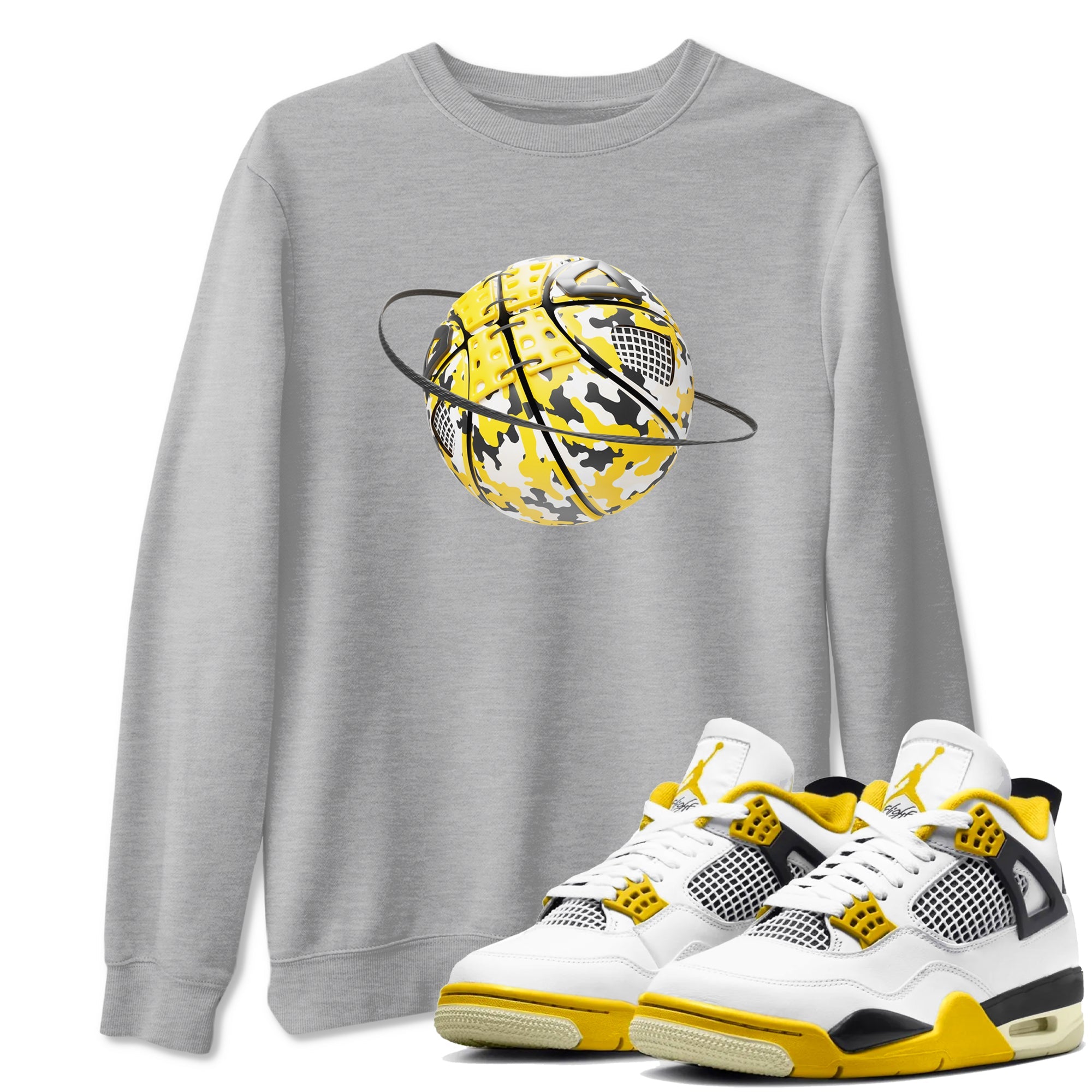 AJ4 Vivid Sulfur shirt to match jordans Camo Basketball Planet sneaker tees Air Jordan 4 Vivid Sulfur Drip Gear Zone unisex cotton Heather Grey 1 crew neck shirt