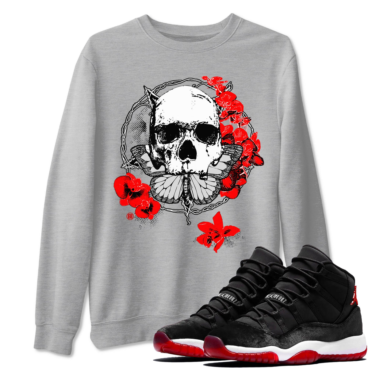 11s Bred Velvet shirts to match jordans Carpe Diem Skull sneaker match tees Air Jordan 11 Bred Velvet match shoes to clothes Drip Gear Zone unisex cotton Heather Grey 1 shirts