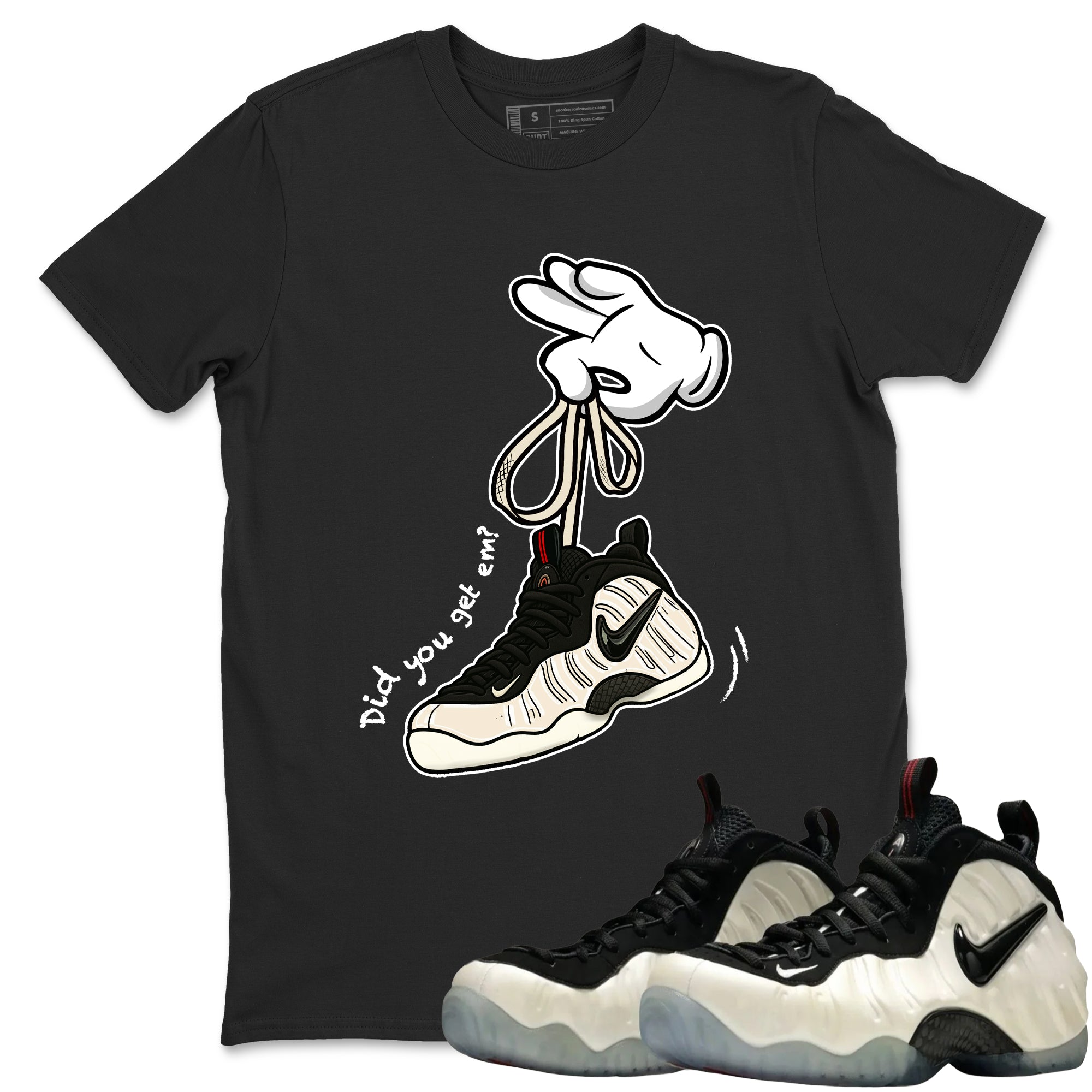Sneaker Threads  Sneaker Tees To Match Air Foamposite One Pearl  Cartoon Hands Graphic Tee Black 1. Perfect for Jordan releases 2025 colorways.