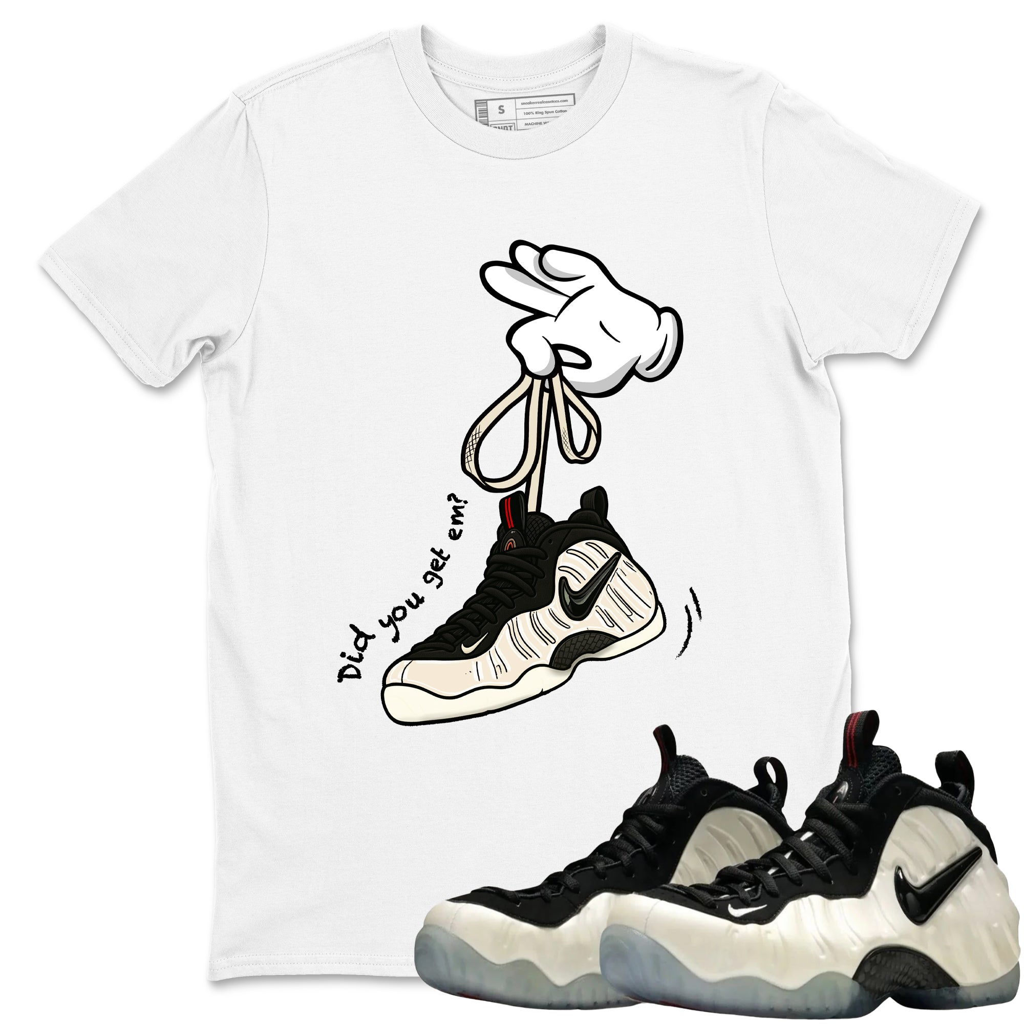 Sneaker Threads  Sneaker Tees To Match Air Foamposite One Pearl  Cartoon Hands Graphic Tee White 1. Perfect for Jordan releases 2025 colorways.