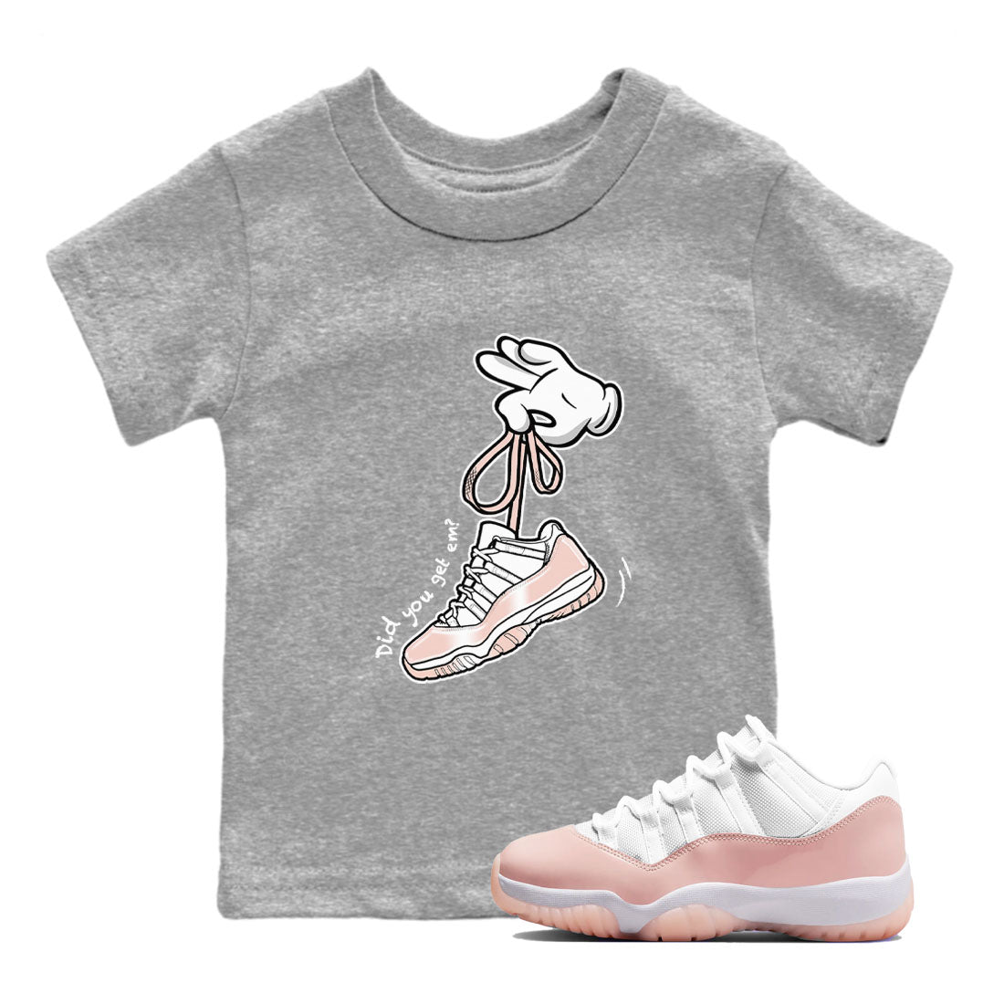 11s Legend Pink shirts to match jordans Cartoon Hands sneaker match tees Air Jordan 11 Legend Pink Drip Gear Zone streetwear brand Baby and Youth Heather Grey 1 cotton tee