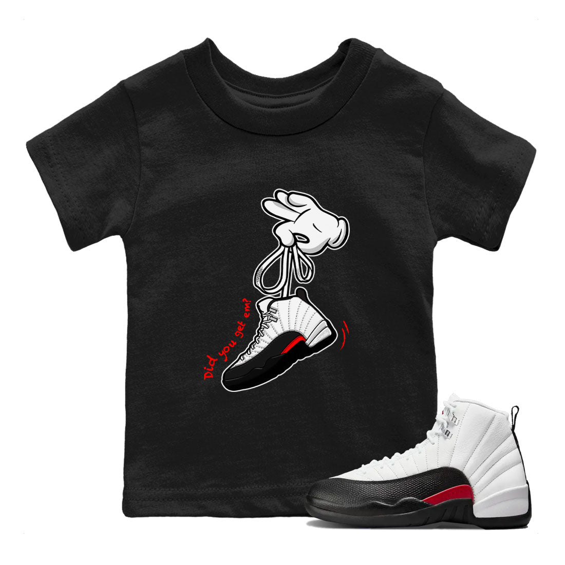 Air Jordan 12 Retro Taxi Flip shirts to match jordans Cartoon Hands sneaker match tees 12s Red Taxi Drip Gear Zone baby toddler Black 1 cotton Shirt