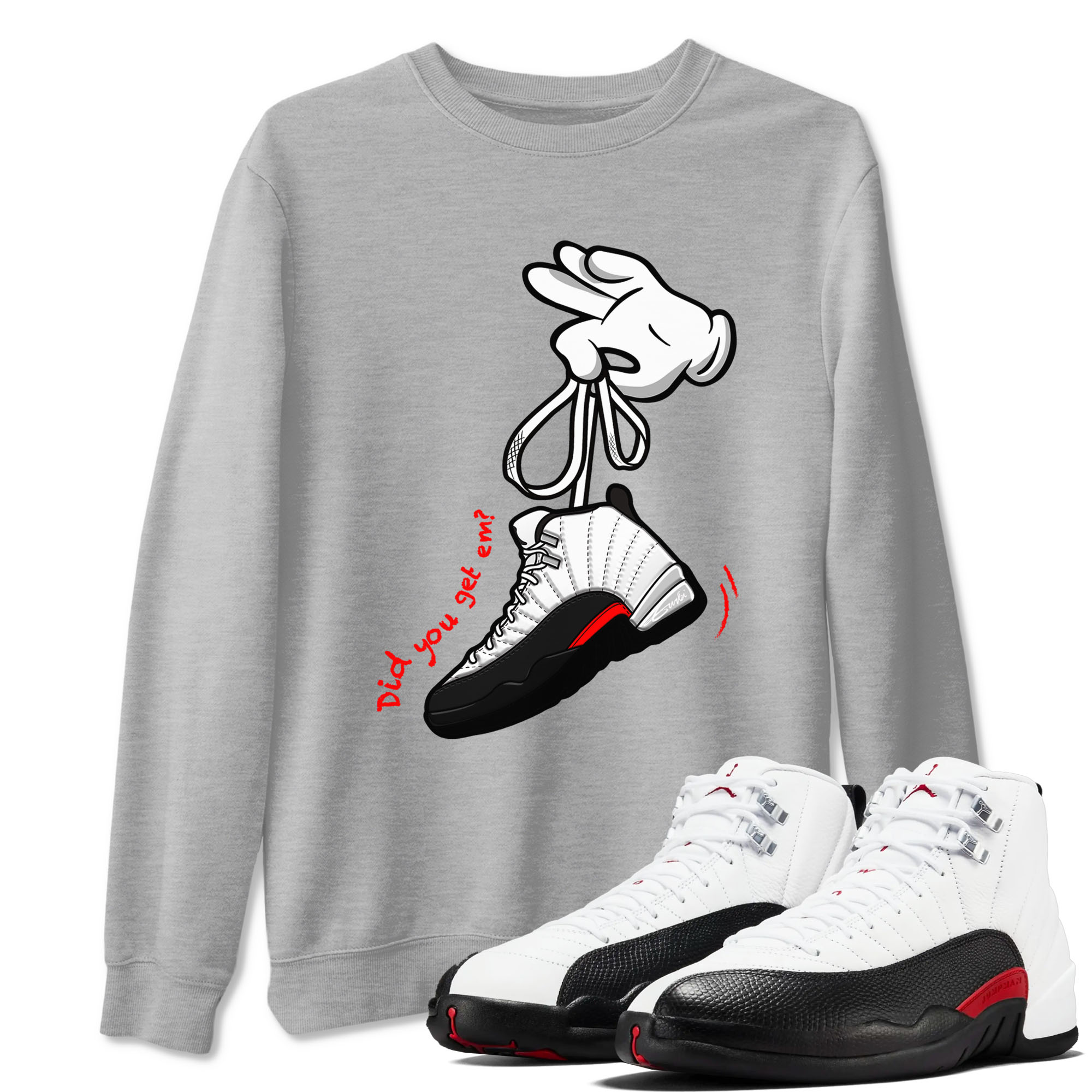 Air Jordan 12 Retro Taxi Flip shirts to match jordans Cartoon Hands sneaker match tees 12s Red Taxi Drip Gear Zone unisex cotton Heather Grey 1 crew neck shirt