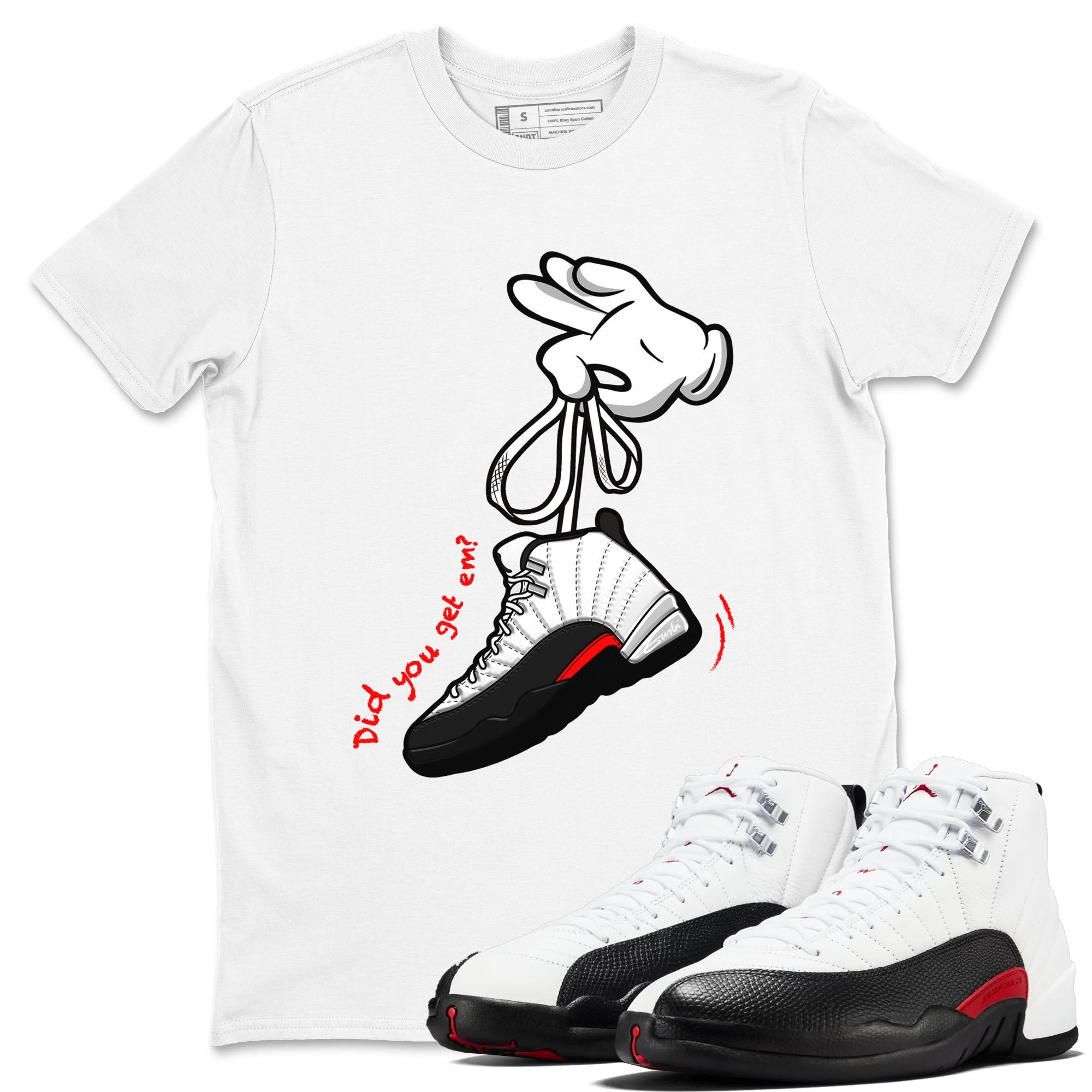 Air Jordan 12 Retro Taxi Flip shirts to match jordans Cartoon Hands sneaker match tees 12s Red Taxi Drip Gear Zone unisex cotton White 1 crew neck shirt