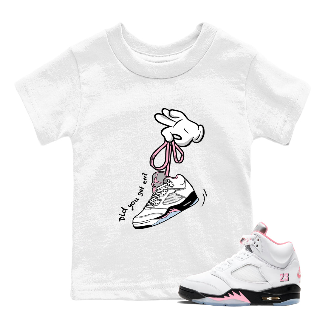 Sneaker Threads Sneaker Tees To Match Air Jordan 5 Medium Soft Pink Shoes Cartoon Hands Kids T-Shirt White 1