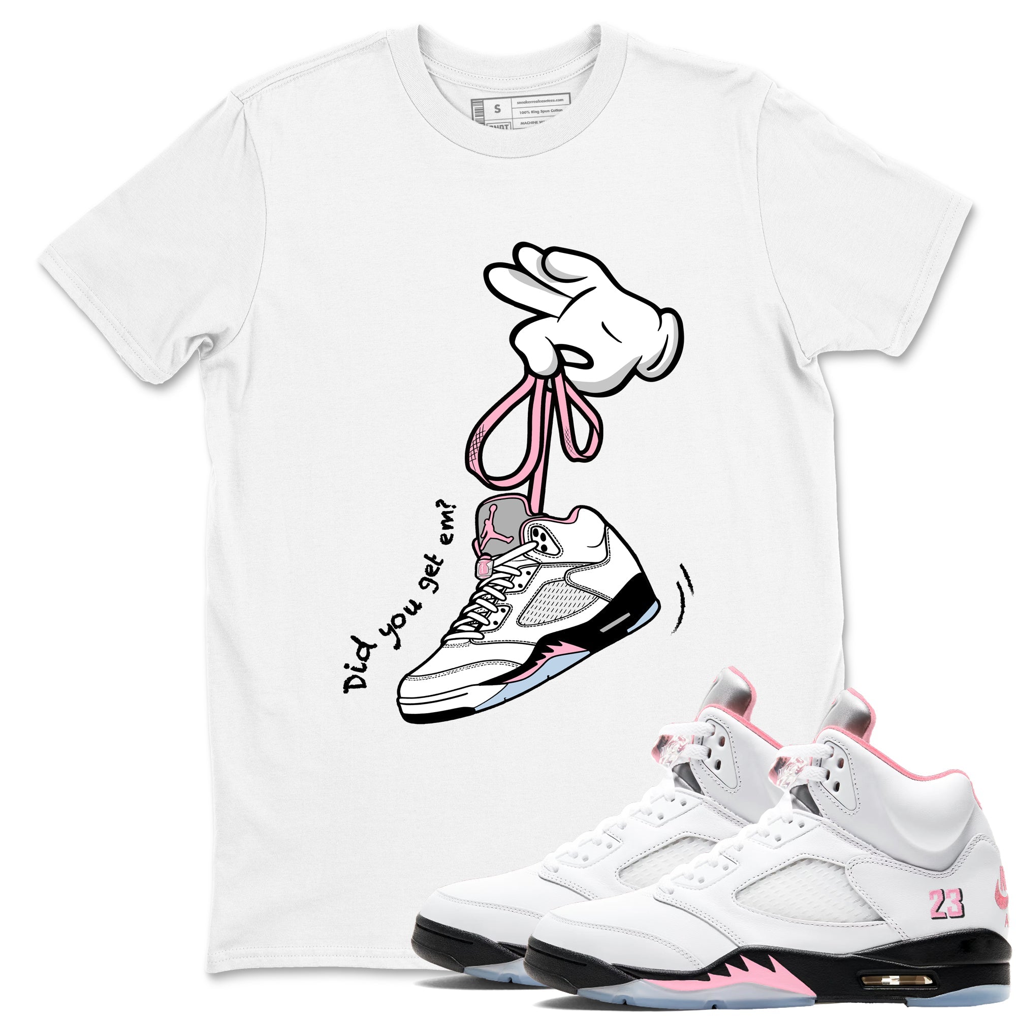 Sneaker Threads Sneaker Tees To Match Air Jordan 5 Medium Soft Pink Shoes Cartoon Hands Tee White 1