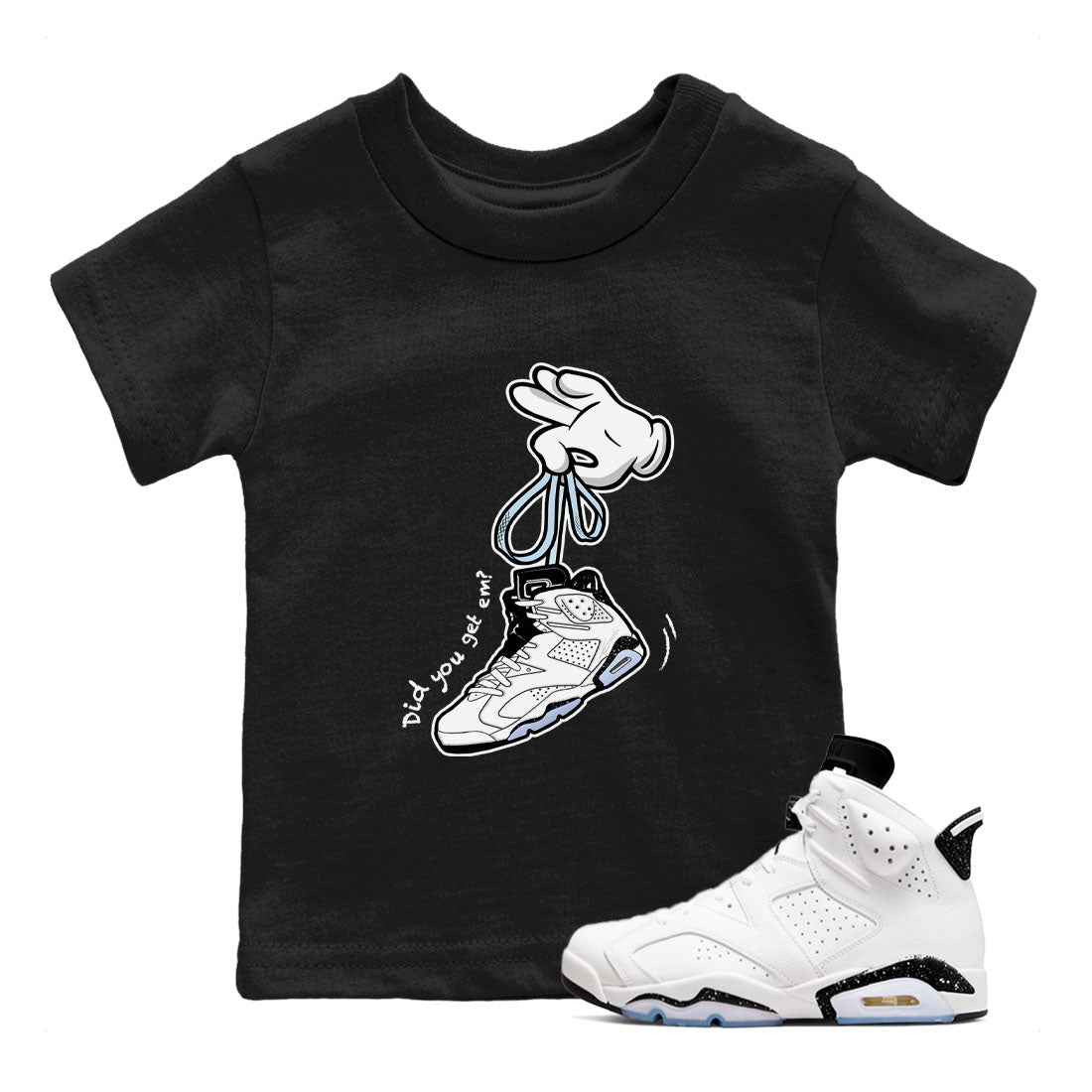 AJ6 White Black shirts to match jordans Cartoon Hands sneaker match tees Air Jordan 6 White Black Drip Gear Zone streetwear brand Baby and Youth Black 1 cotton tee