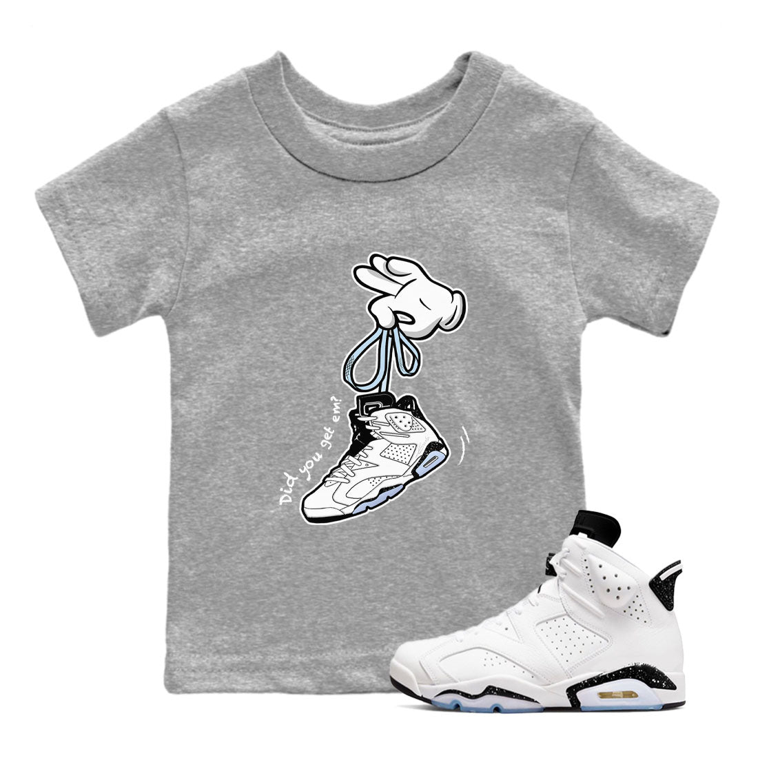 AJ6 White Black shirts to match jordans Cartoon Hands sneaker match tees Air Jordan 6 White Black Drip Gear Zone streetwear brand Baby and Youth Heather Grey 1 cotton tee