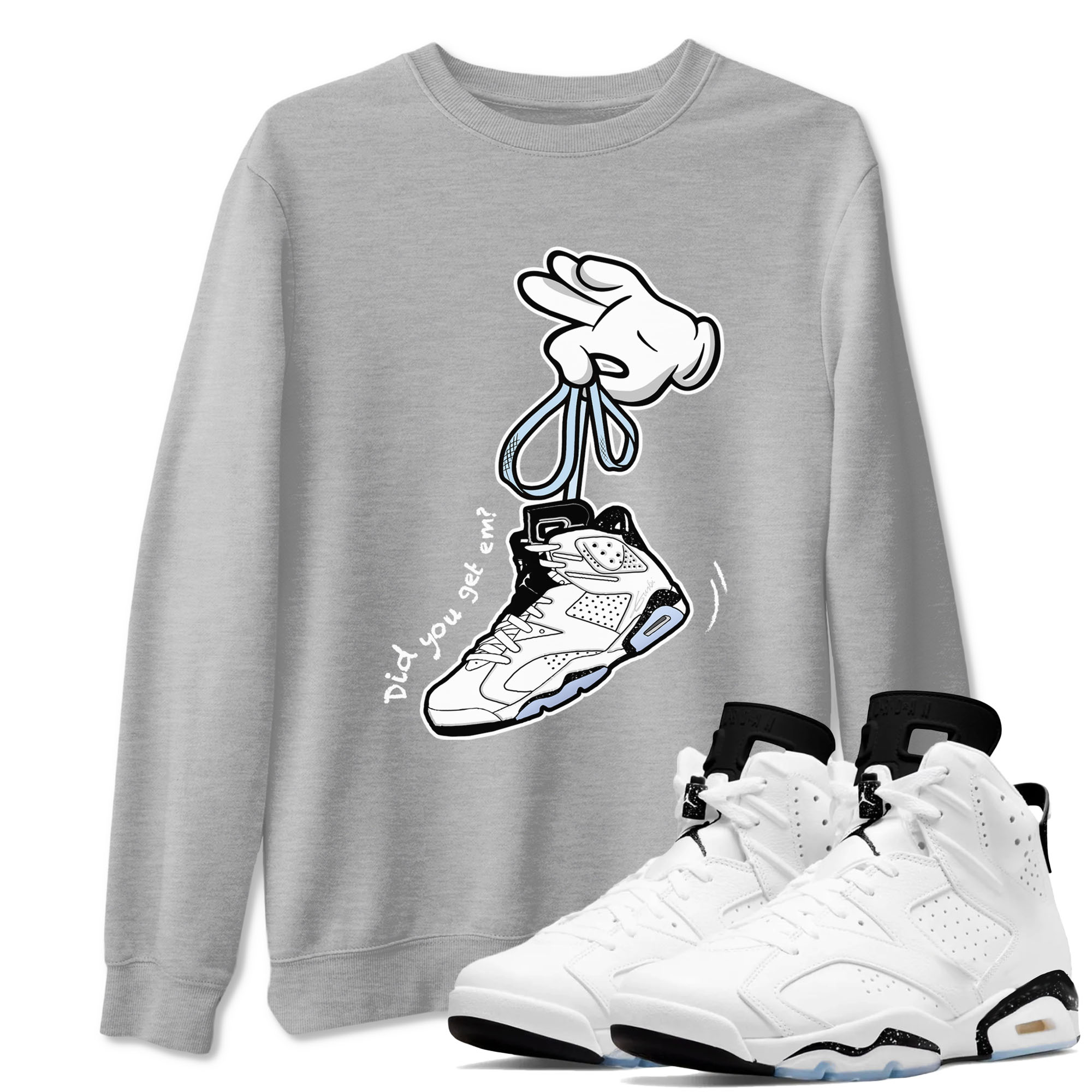 AJ6 White Black shirts to match jordans Cartoon Hands sneaker match tees Air Jordan 6 White Black Drip Gear Zone streetwear brand Heather Grey 1 unisex cotton tee