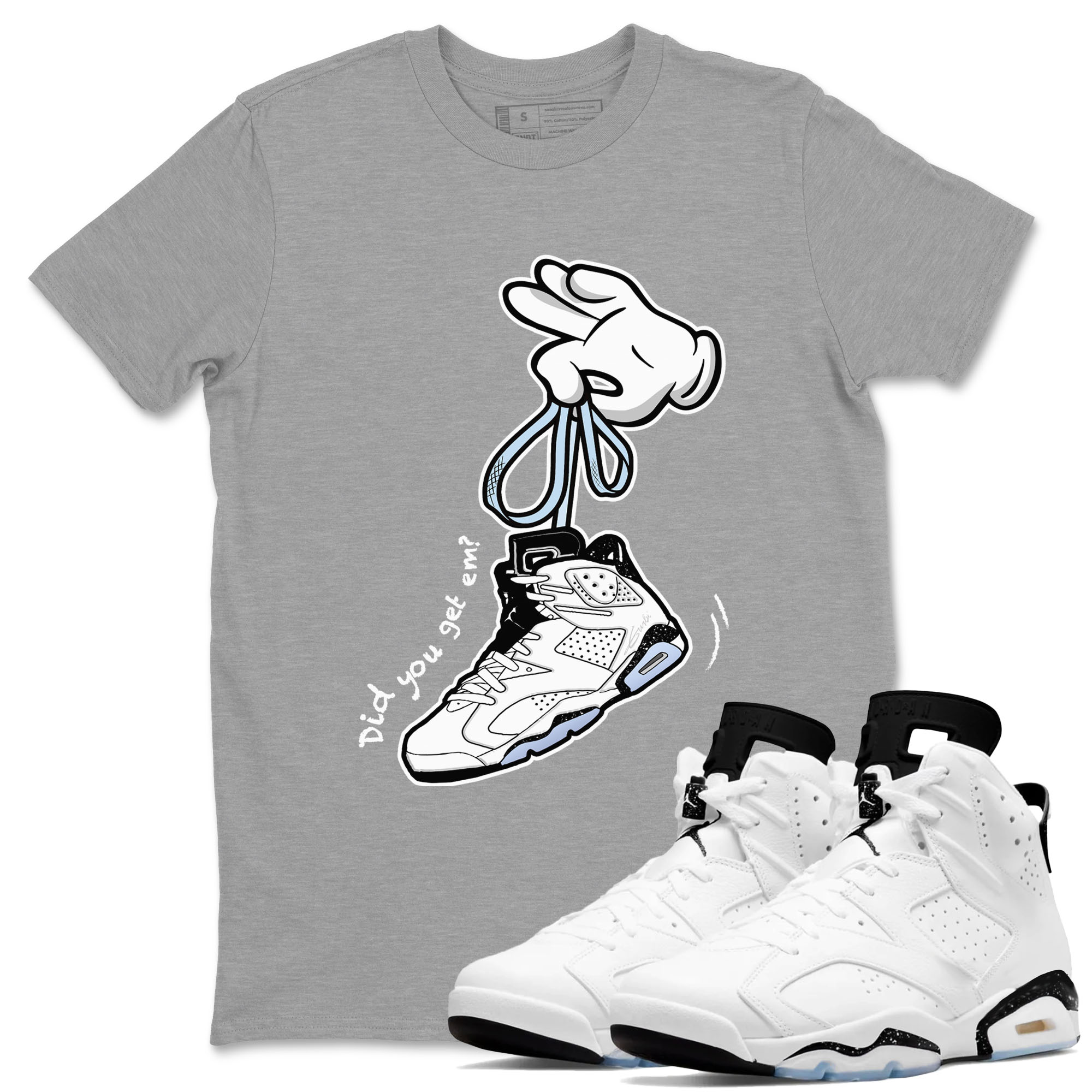 AJ6 White Black shirts to match jordans Cartoon Hands sneaker match tees Air Jordan 6 White Black Drip Gear Zone streetwear brand Heather Grey 1 unisex cotton tee