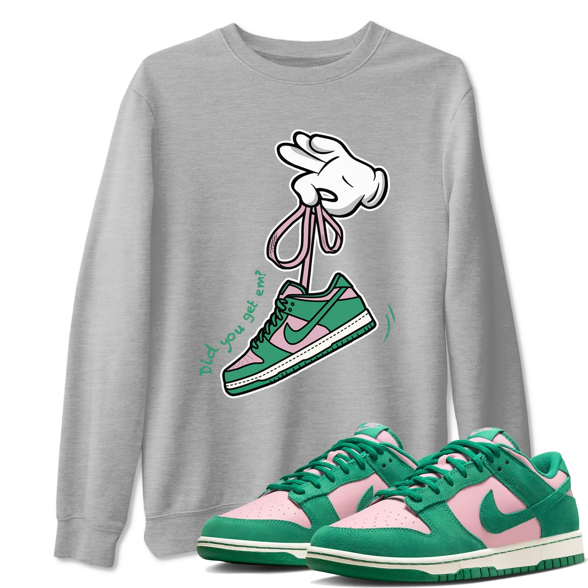 Dunk Low Medium Soft Pink Malachite shirt to match jordans Cartoon Hands sneaker tees Dunks Medium Soft Pink Malachite Streetwear Brand Drip Gear Zone unisex cotton Heather Grey 1 crew neck shirt