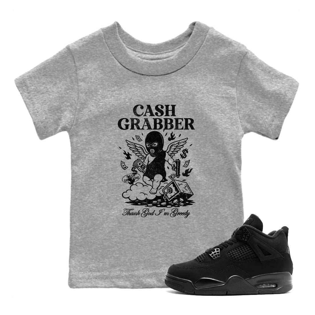 Sneaker Threads  Sneaker Tees To Match Air Jordan 4 Black Cat  Cash Grabber Youth Graphic Tee Heather Grey 1. Perfect for Jordan releases 2025 colorways.