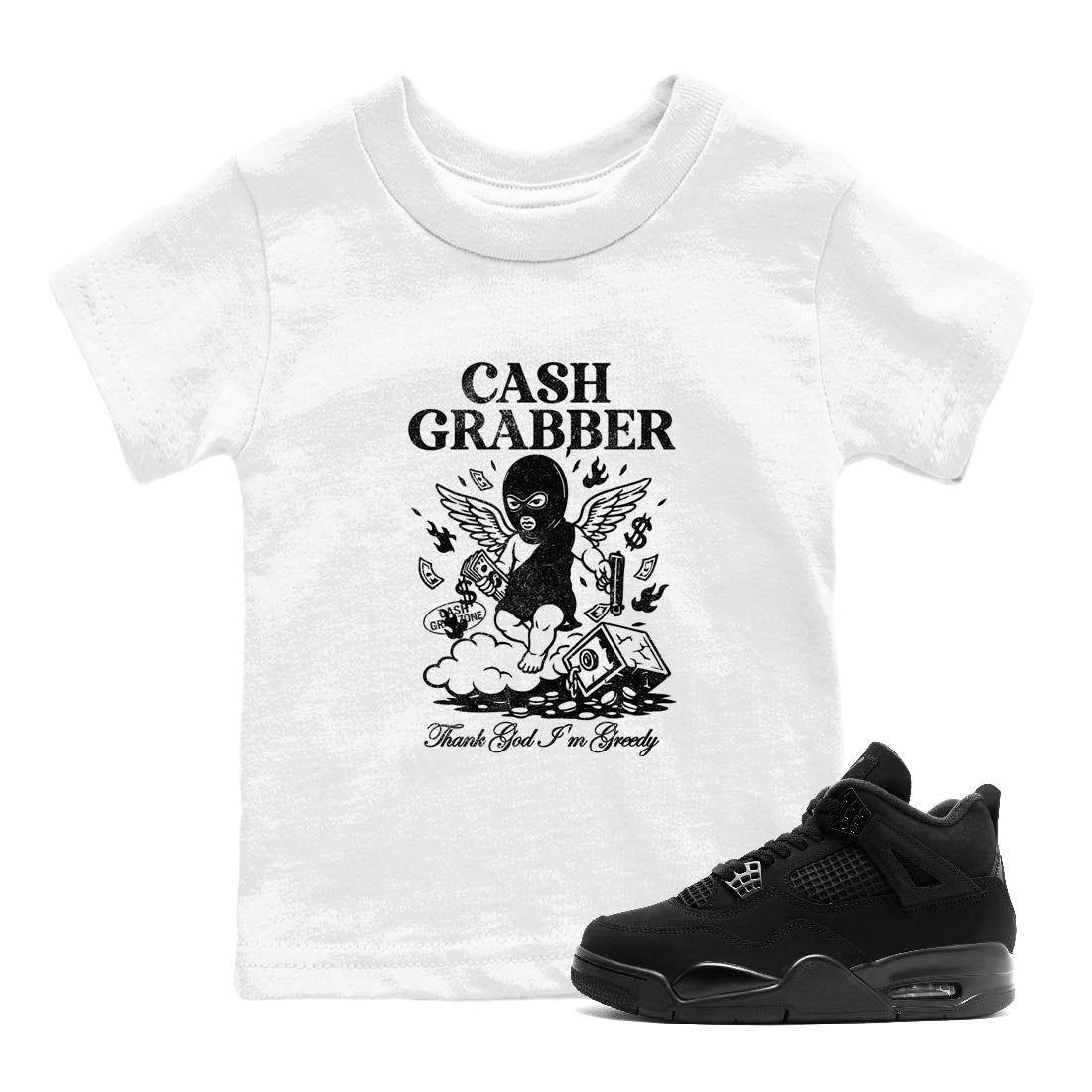 Sneaker Threads  Sneaker Tees To Match Air Jordan 4 Black Cat  Cash Grabber Youth Graphic Tee White 1. Perfect for Jordan releases 2025 colorways.