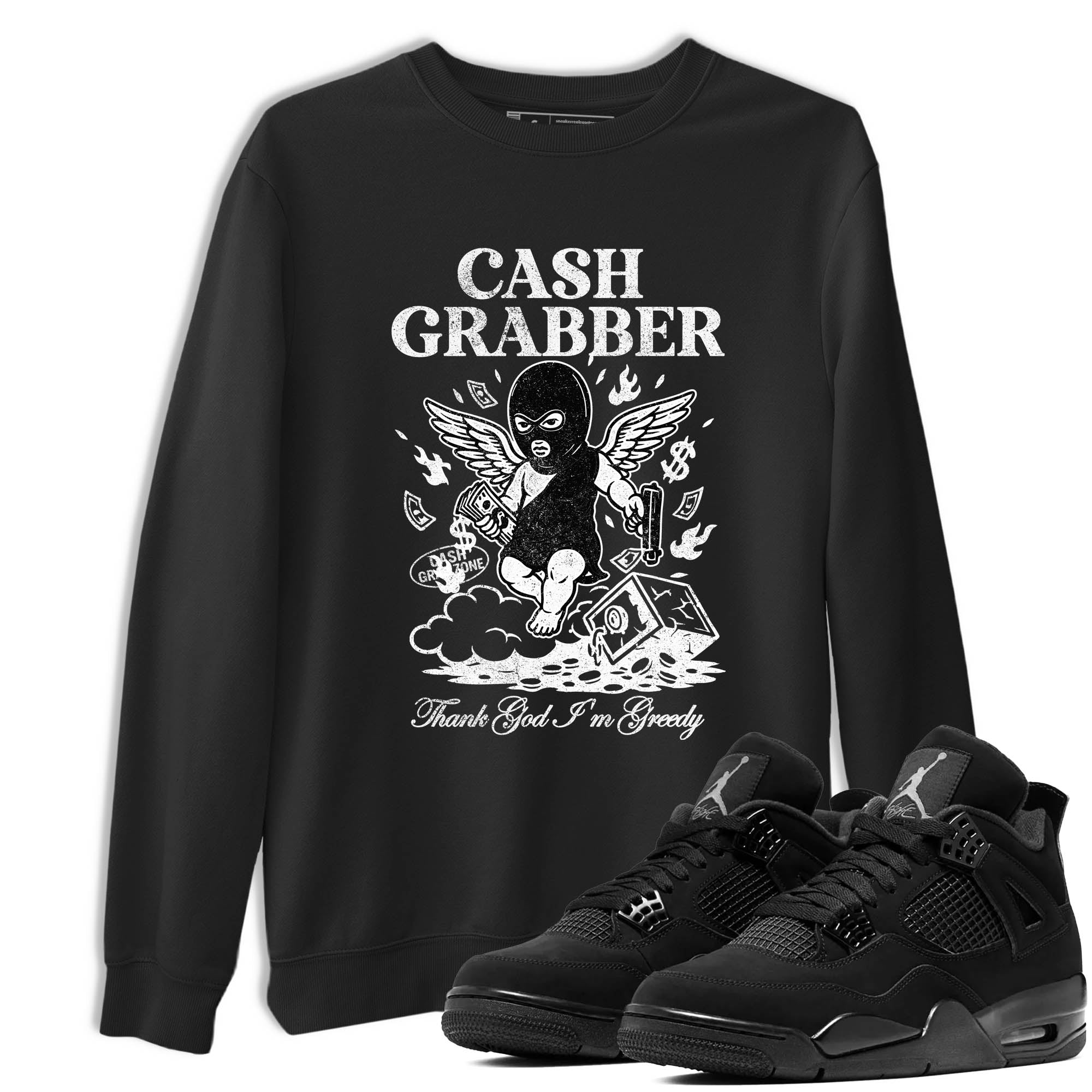 Sneaker Threads  Sneaker Tees To Match Air Jordan 4 Black Cat  Cash Grabber Graphic Tee Black 1. Perfect for Jordan releases 2025 colorways.