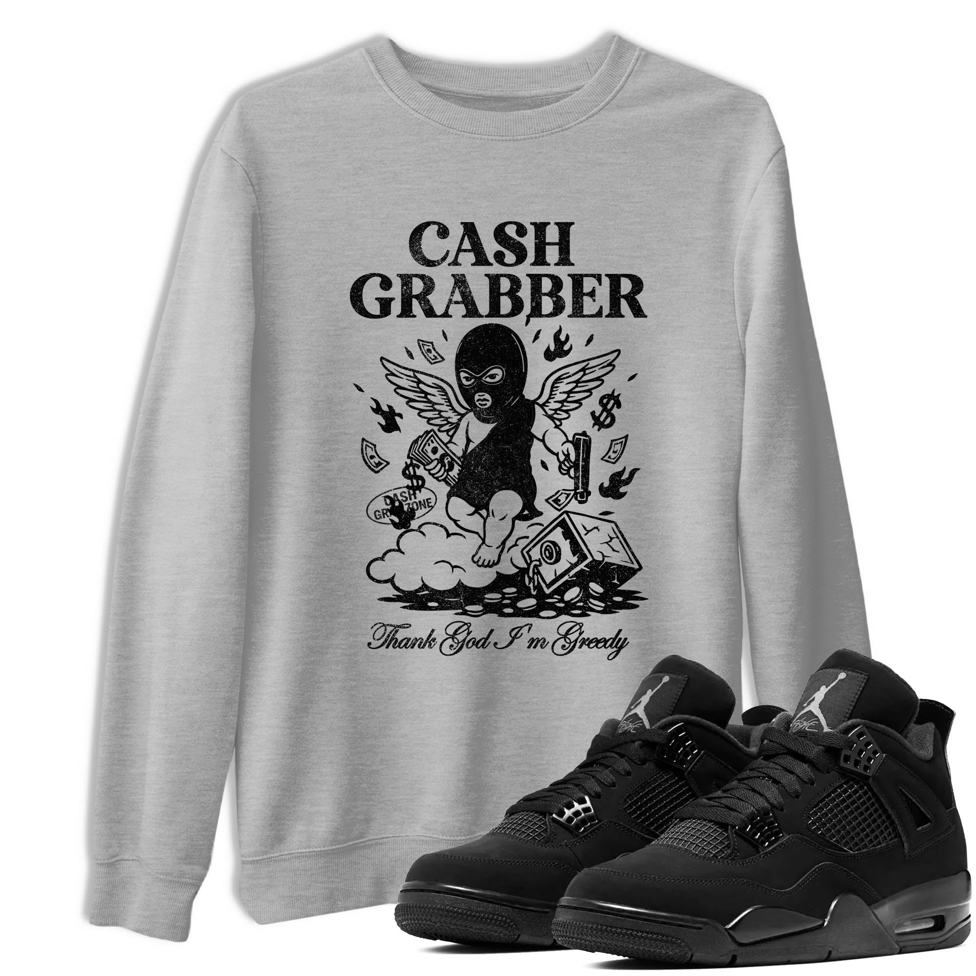 Sneaker Threads  Sneaker Tees To Match Air Jordan 4 Black Cat  Cash Grabber Graphic Tee Heather Grey 1. Perfect for Jordan releases 2025 colorways.
