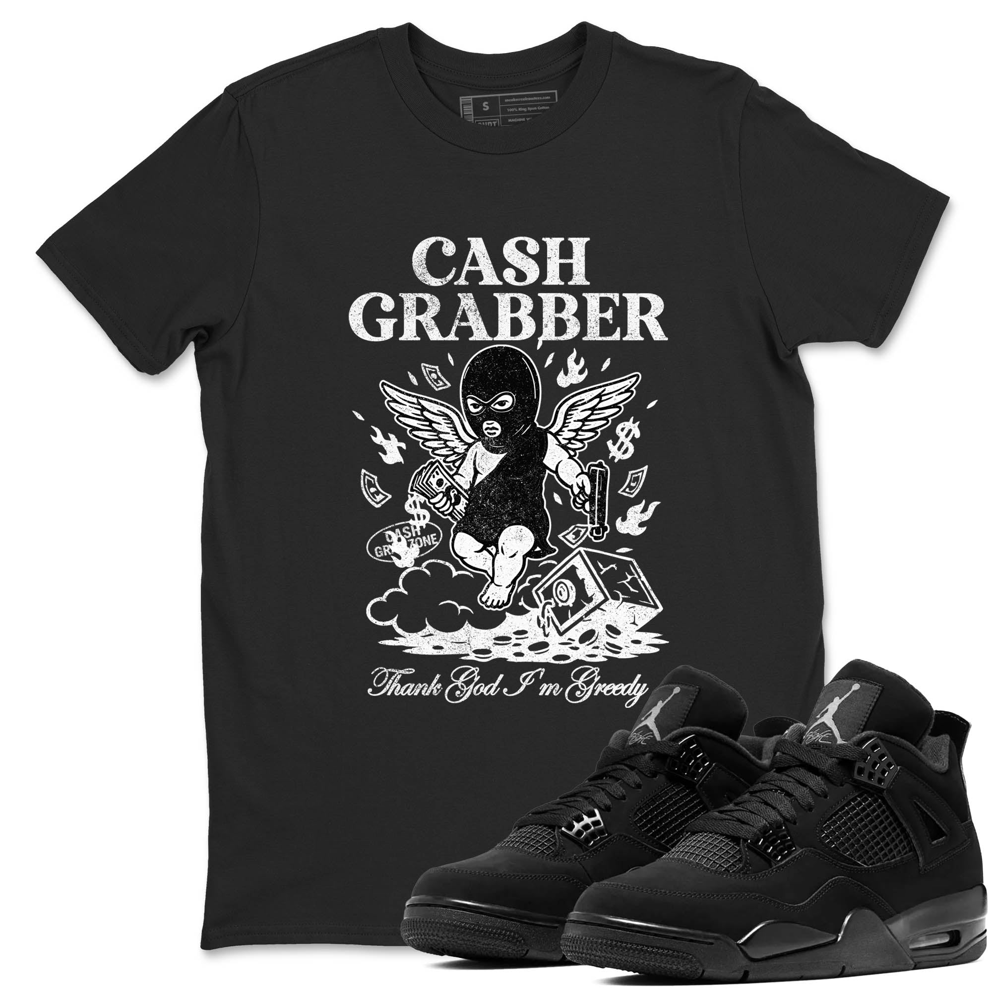 Sneaker Threads  Sneaker Tees To Match Air Jordan 4 Black Cat  Cash Grabber Graphic Tee Black 1. Perfect for Jordan releases 2025 colorways.