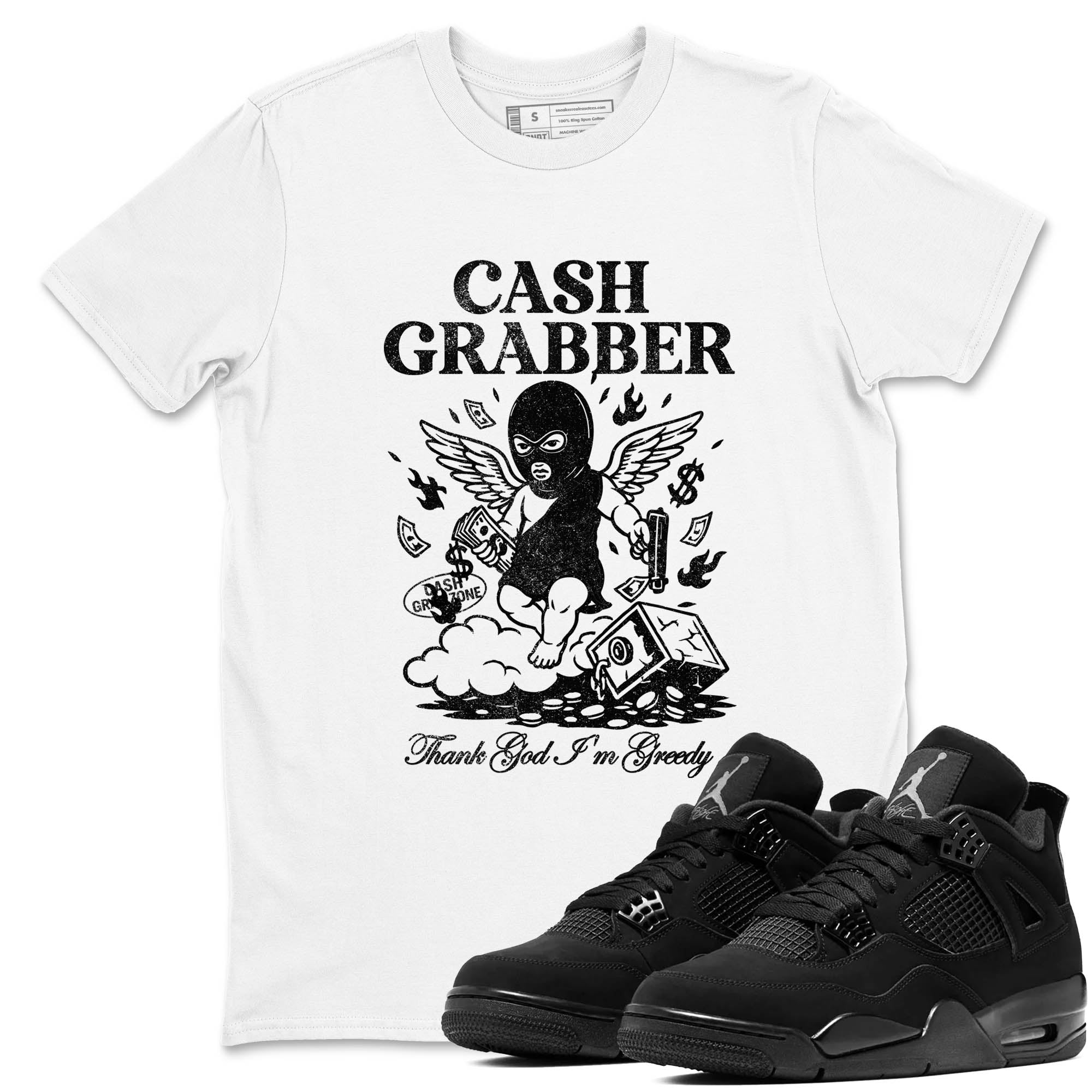 Sneaker Threads  Sneaker Tees To Match Air Jordan 4 Black Cat  Cash Grabber Graphic Tee White 1. Perfect for Jordan releases 2025 colorways.