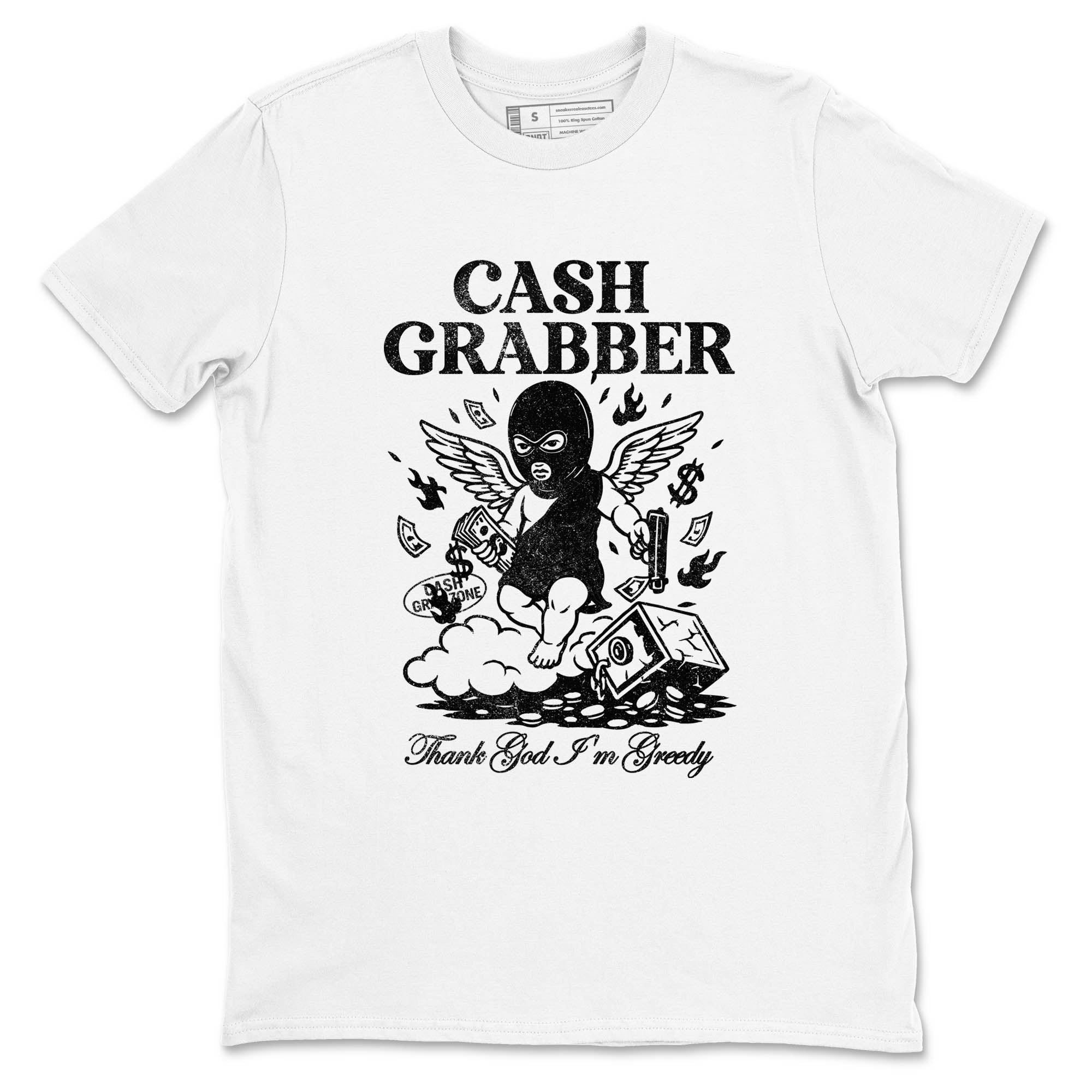Sneaker Threads  Sneaker Tees To Match Air Jordan 4 Black Cat  Cash Grabber Graphic Tee White 2. Perfect for Jordan releases 2025 colorways.