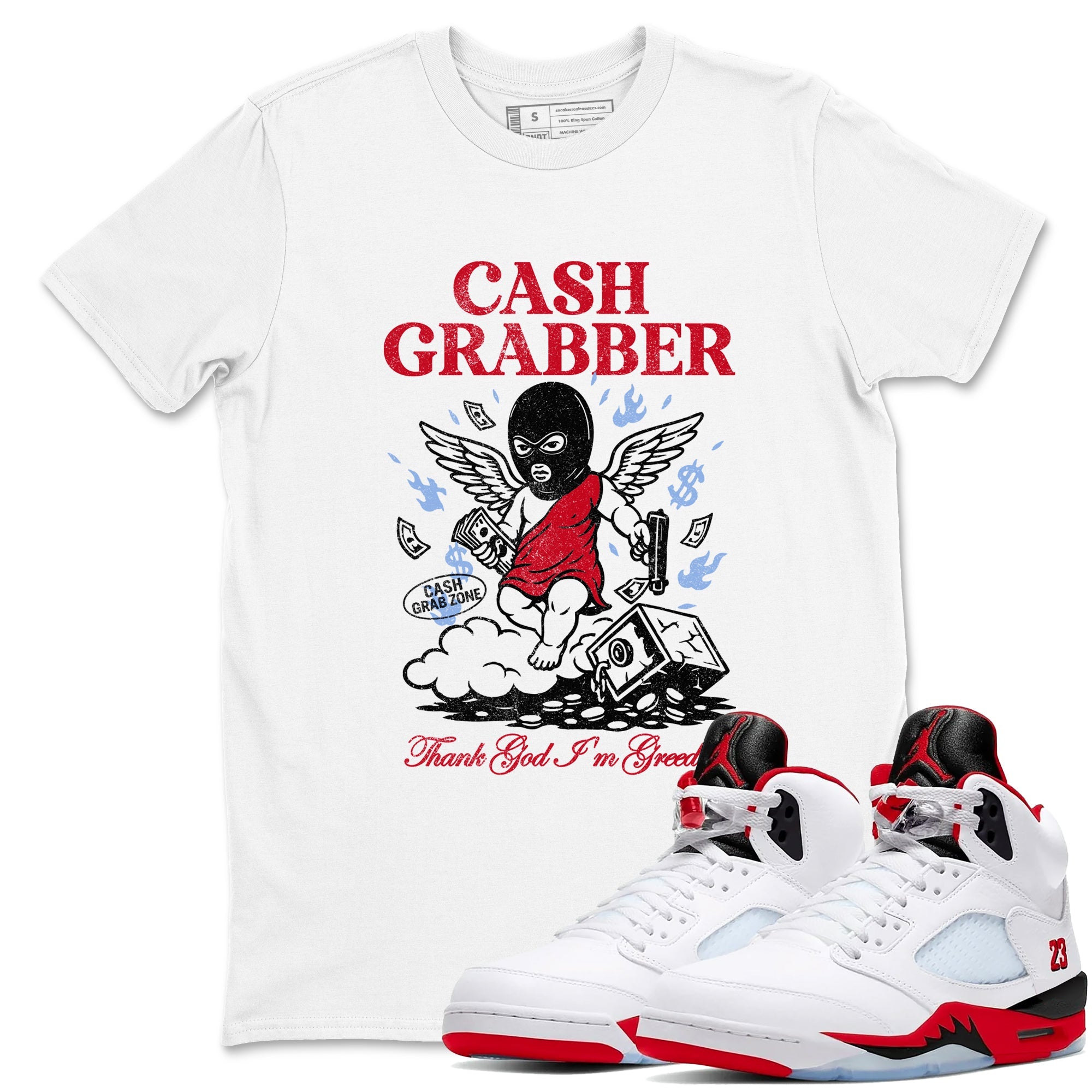 Sneaker match tees  Sneaker Tees To Match Air Jordan 5 Fire Red Shoes  Cash Grabber Tee White 1
