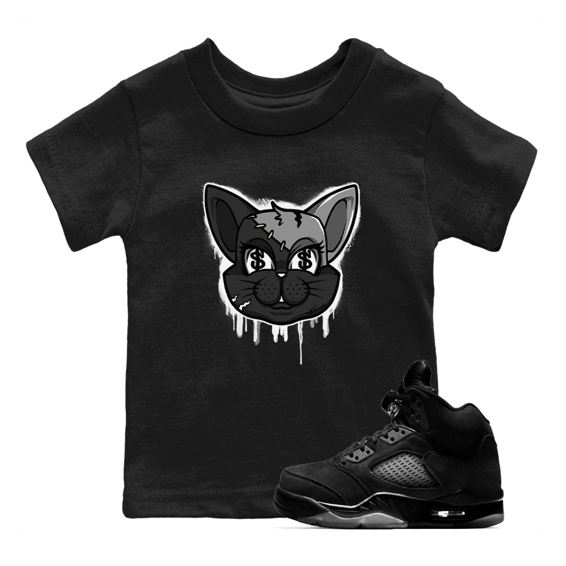 5s Black Cat shirts to match jordans Cat Face sneaker match tees Air Jordan 5 Black Cat Drip Gear Zone Youth Baby Black 1 crew neck shirts